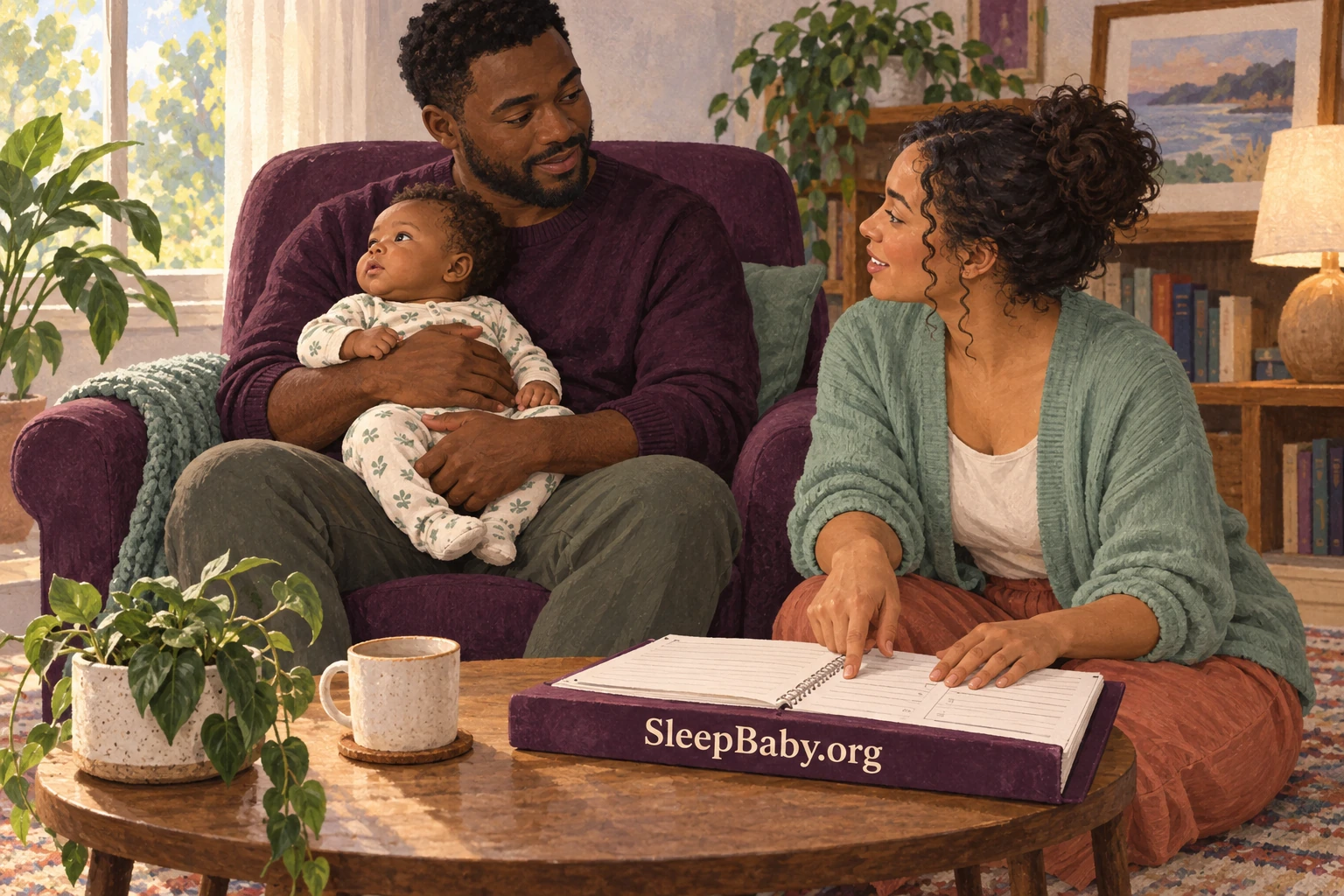 One caregiver supports an awake baby while another points to a shared care notebook.