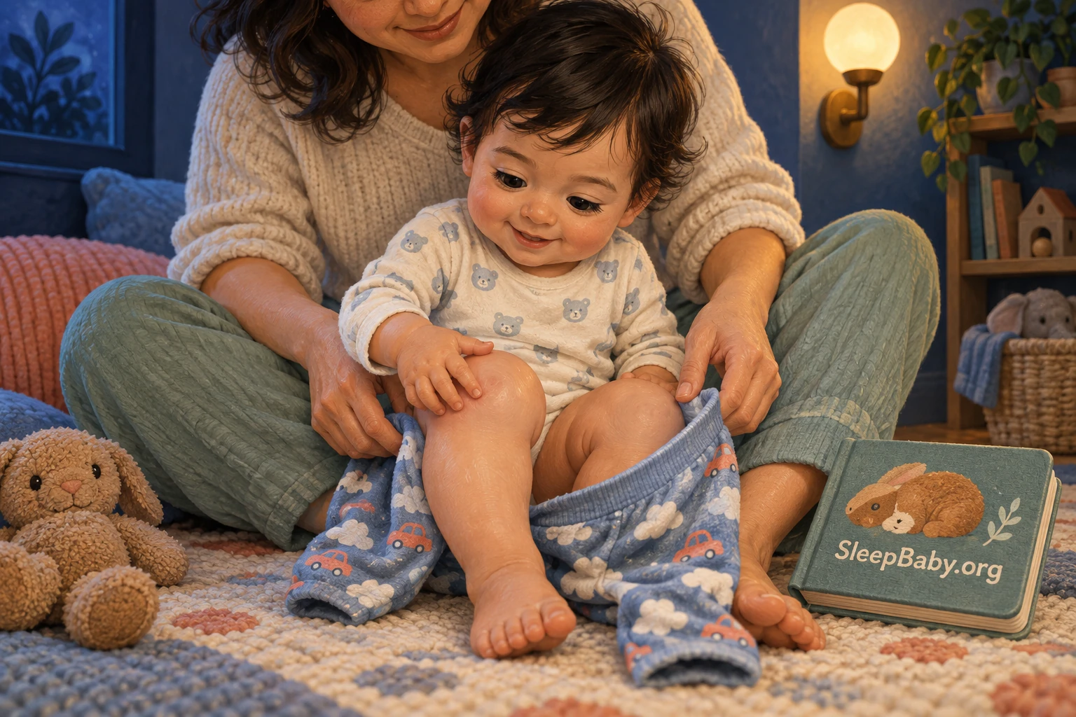 Illustrated baby touching a bent bare knee while a caregiver holds pajamas, beside a SleepBaby.org bedtime book.