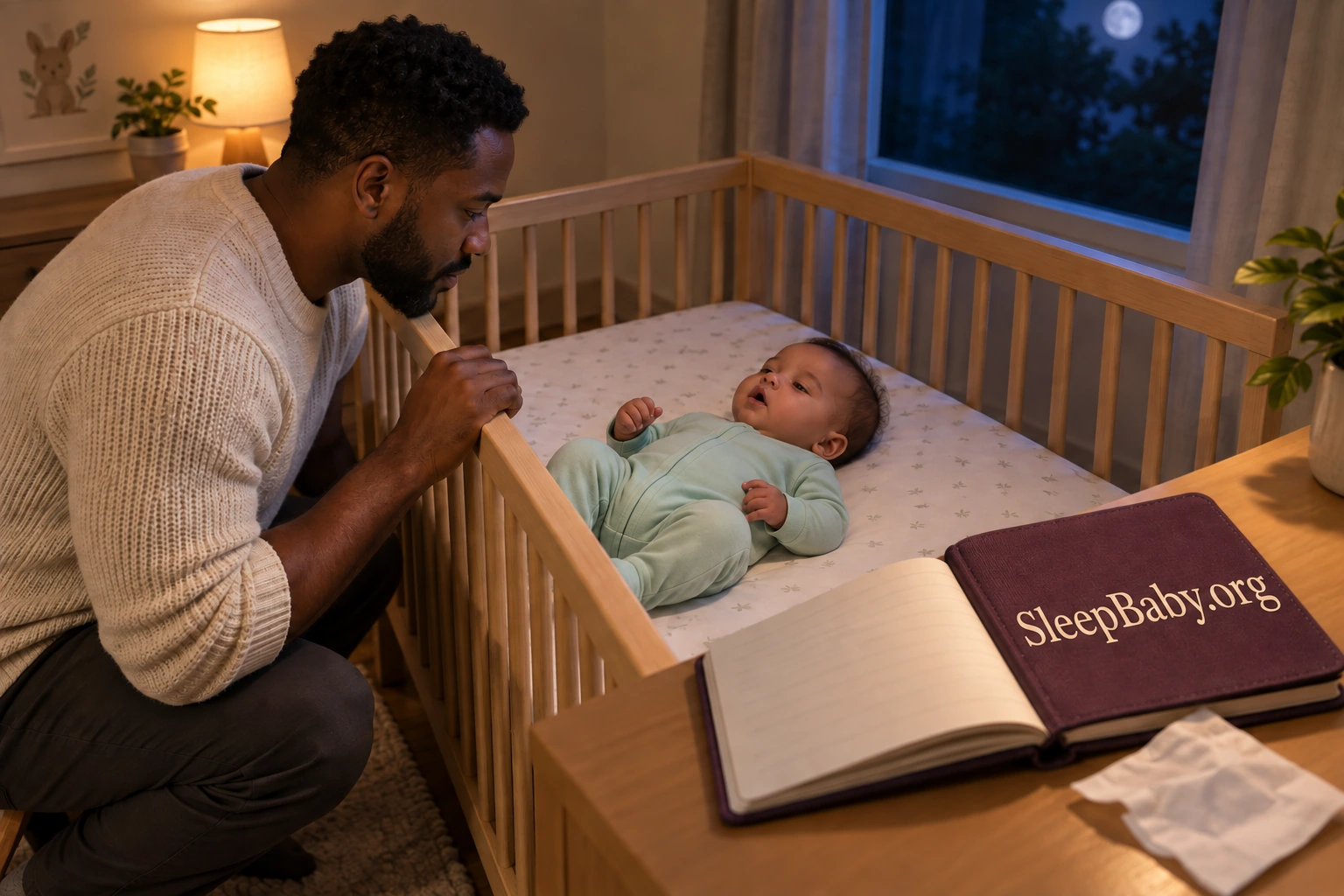 A father watches his awake baby in a clear flat crib beside a cough observation notebook