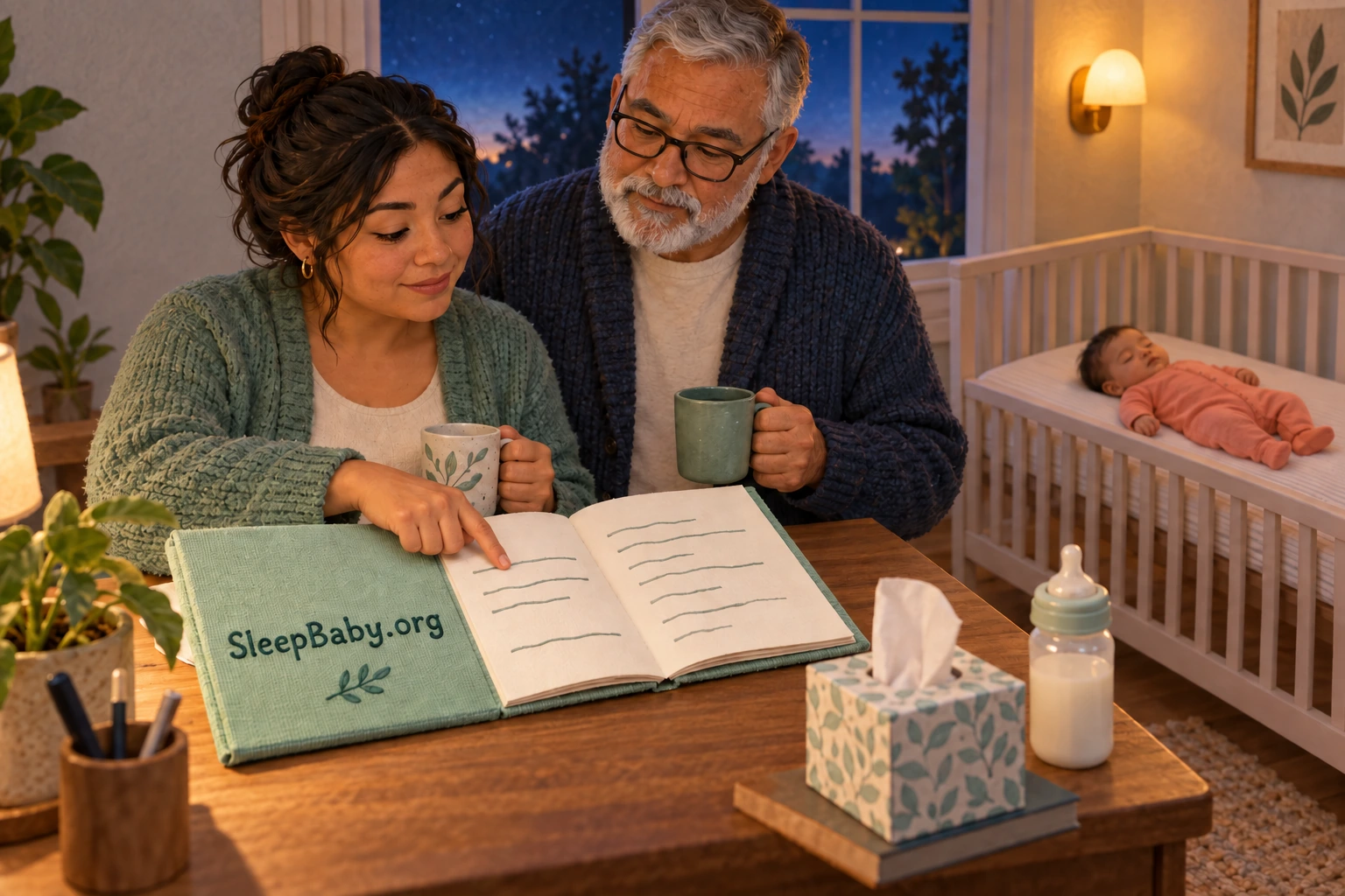 Two caregivers review a cough-care notebook while their baby lies on the back in a clear flat crib