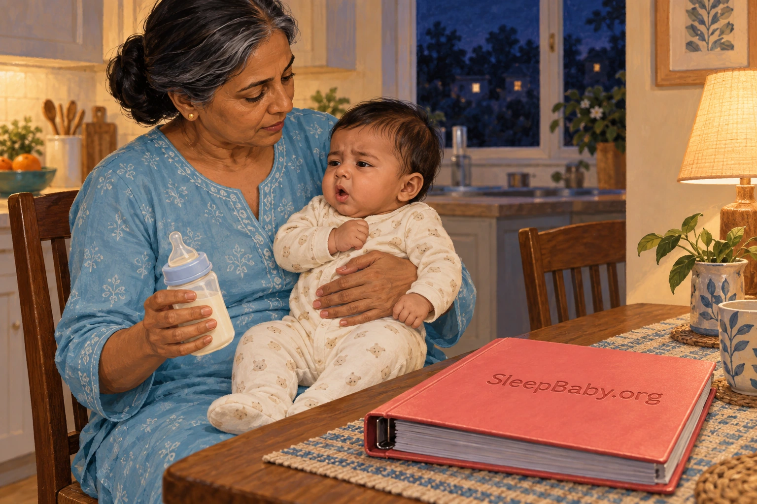 A caregiver pauses a bottle feed and supports an awake baby upright with the bottle lowered away from the mouth