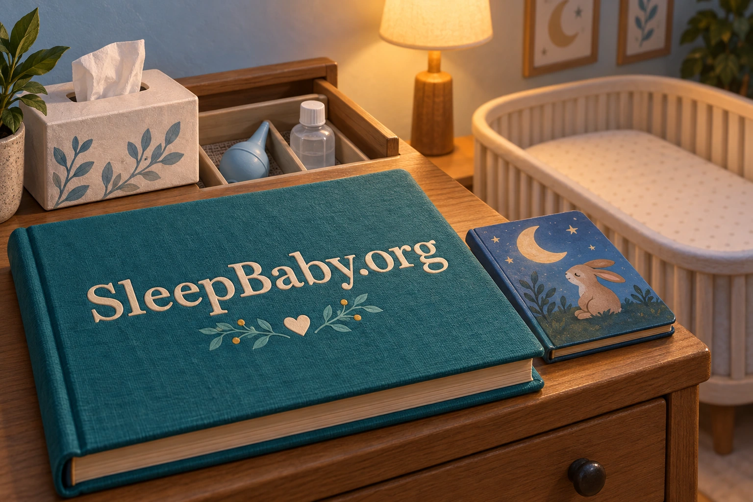 A closed care notebook and put-away nasal supplies beside a bedtime book in a softly lit room