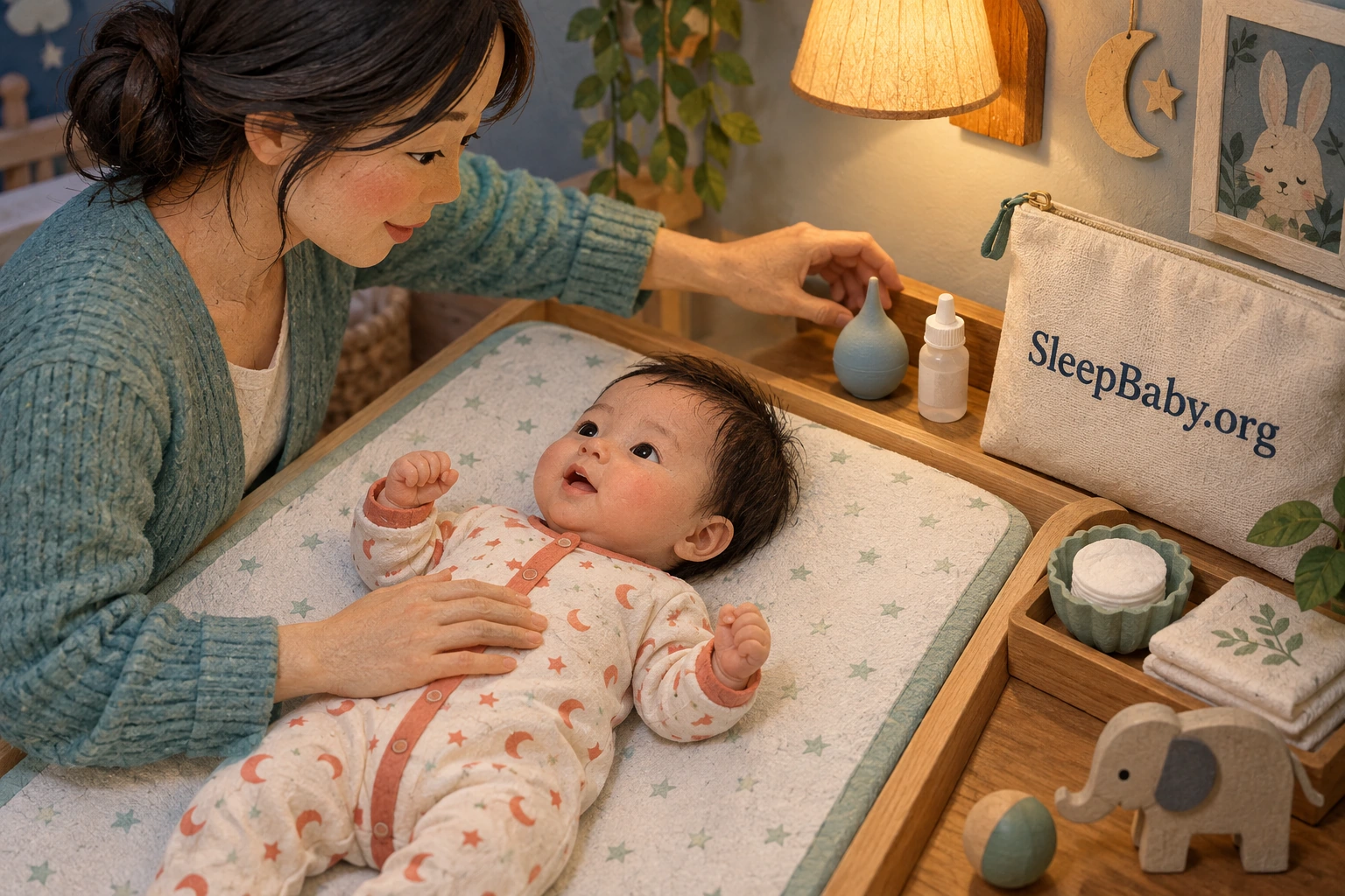 An adult prepares plain nasal saline and a clean suction bulb while an awake baby rests on a supervised changing mat