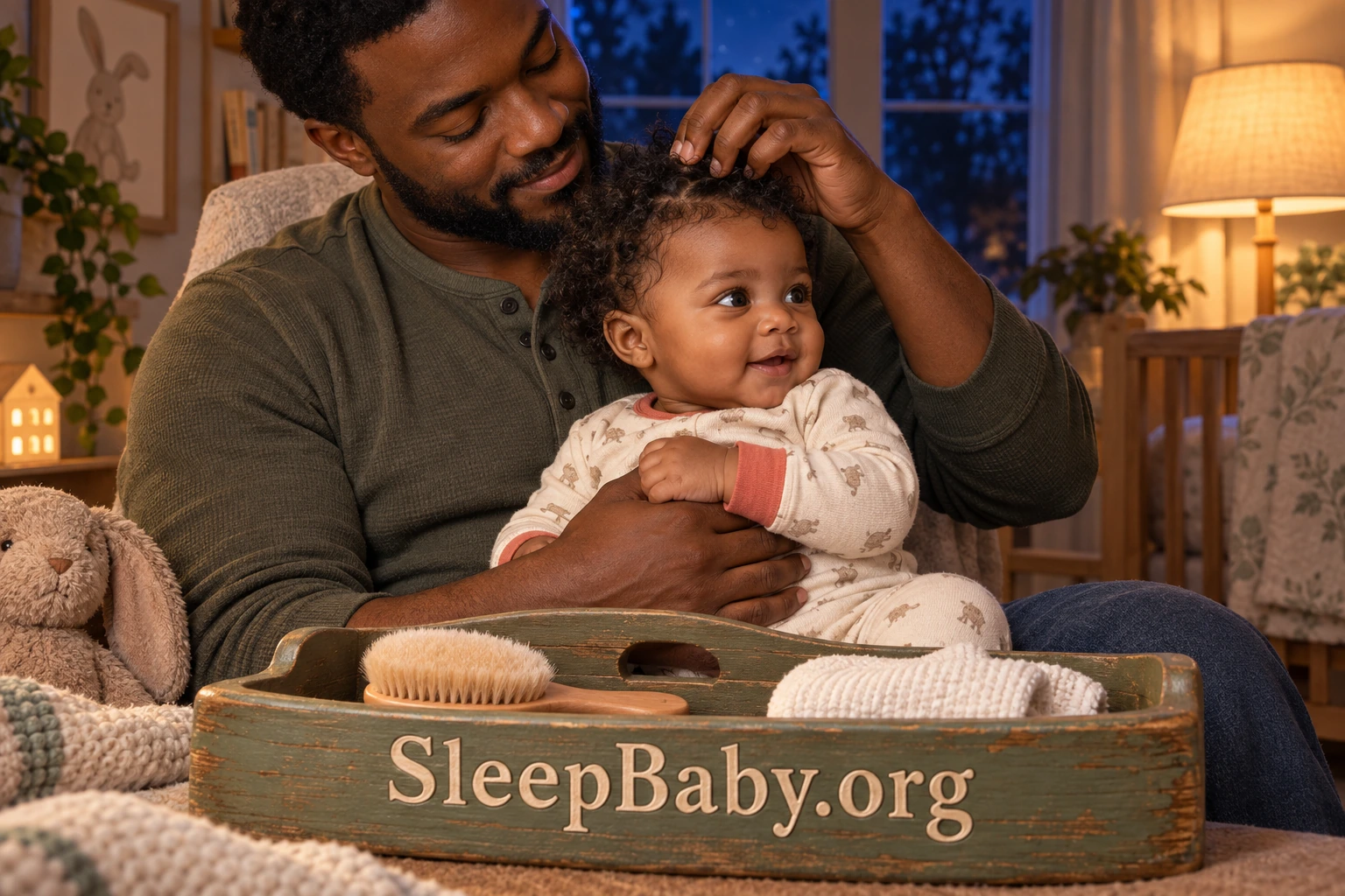 A father gently separates his awake baby’s curls while holding the baby securely beside a warm lamp.