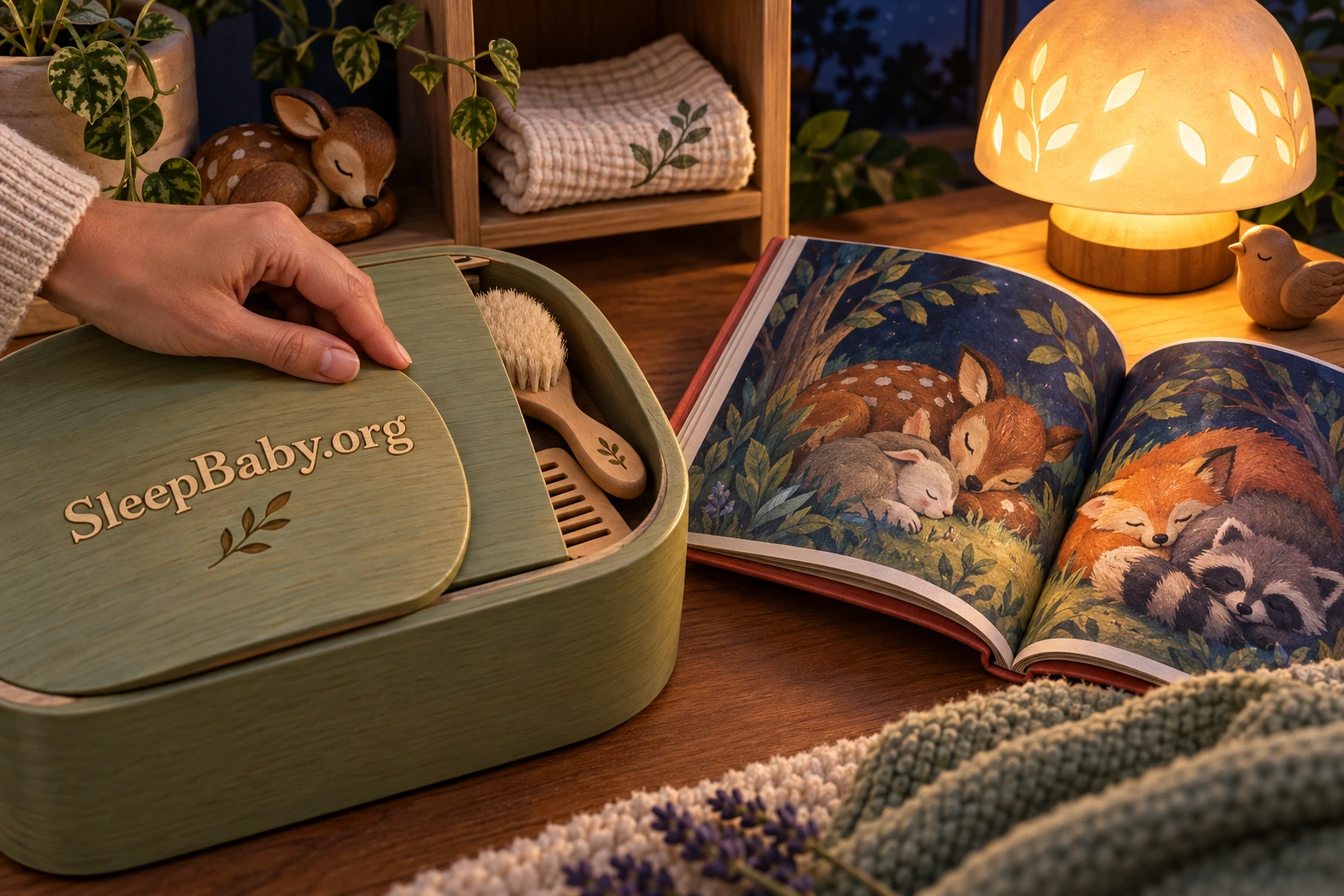 A caregiver closes a wooden box holding a brush and comb beside an open illustrated bedtime book and a glowing lamp.