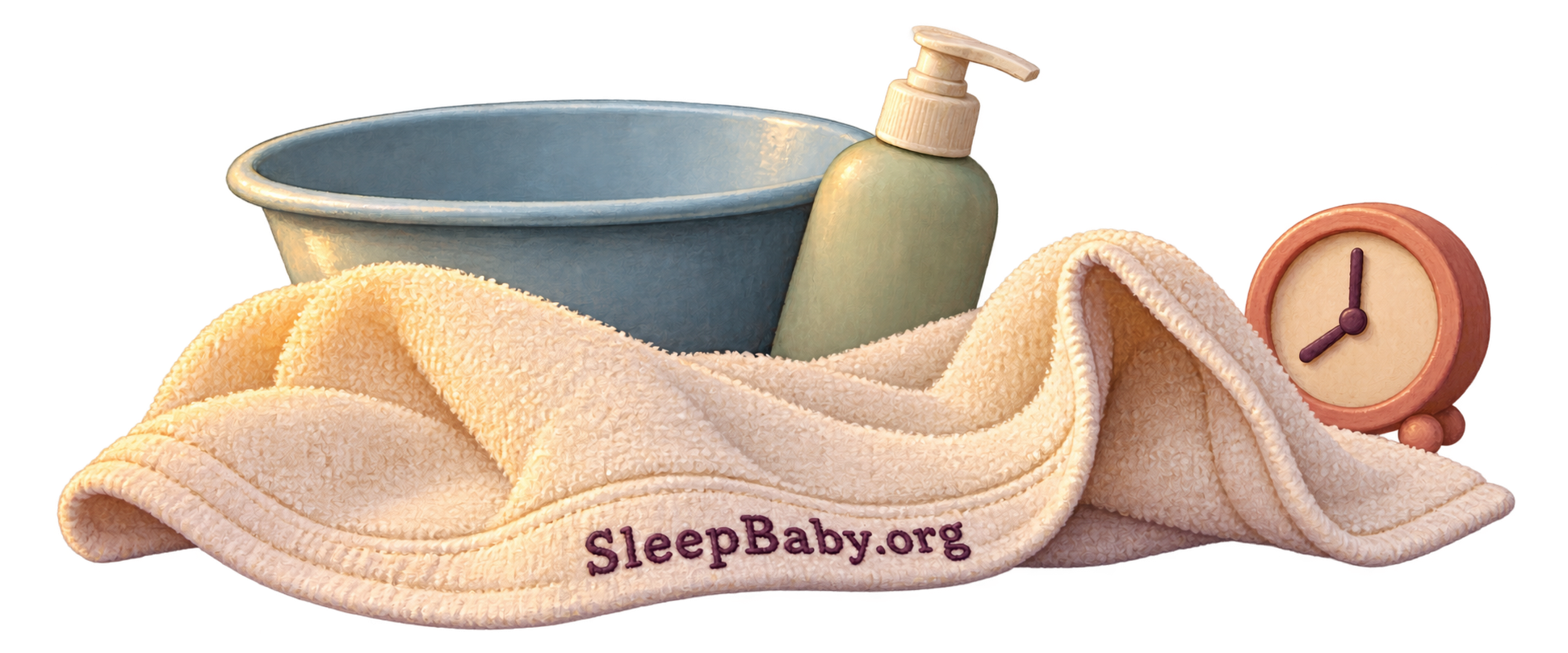 A soft cotton cloth curves in front of a washbasin, generic cleanser bottle, and small evening clock.