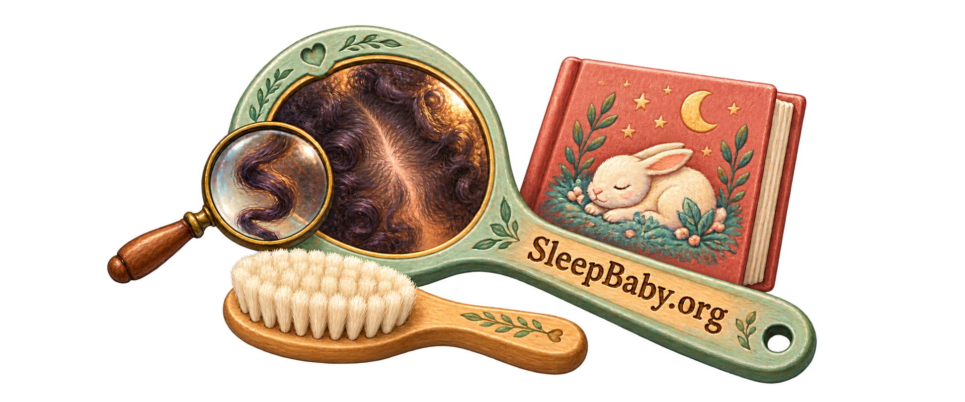 A hand mirror reflects parted curls beside a magnifier, a soft baby brush, and a bedtime picture book.