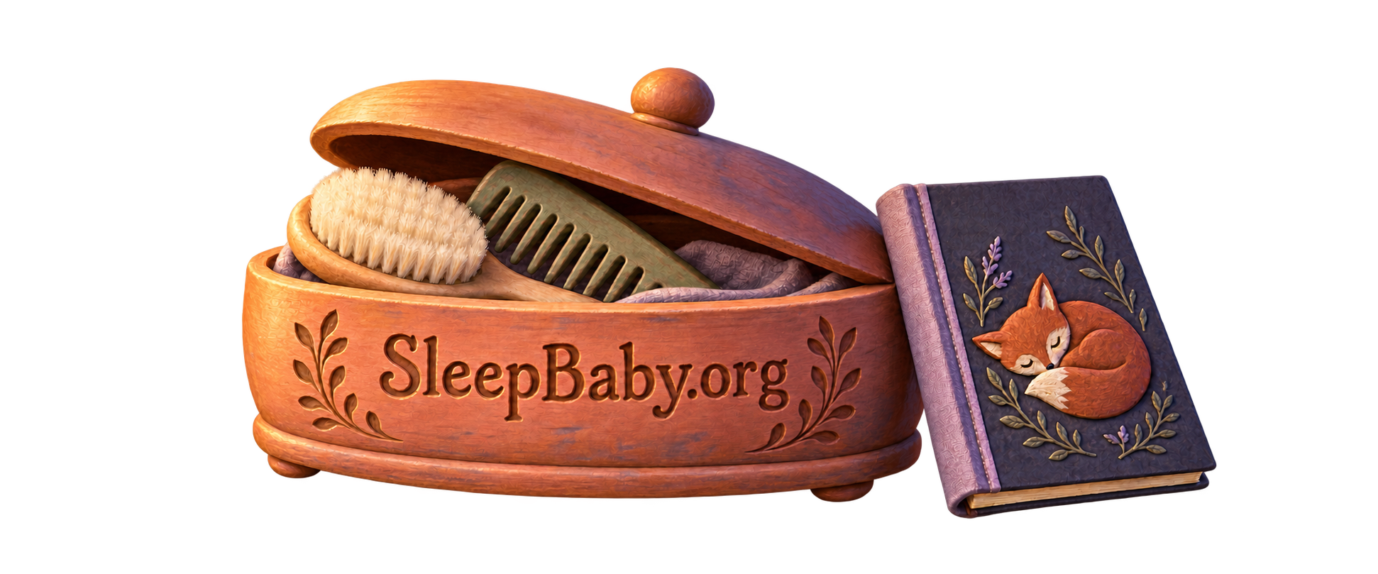 A partly closed wooden grooming box holds a soft brush and comb beside a picture book showing a sleeping fox.
