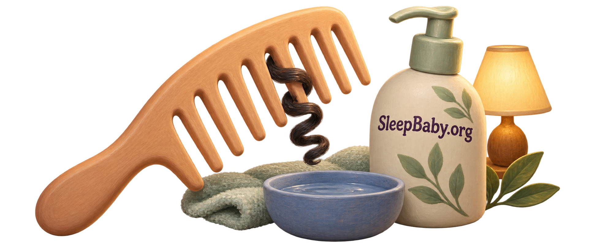 A broad wooden comb holds a loose illustrated curl beside a generic conditioner bottle, water bowl, folded cloth, and small lamp.