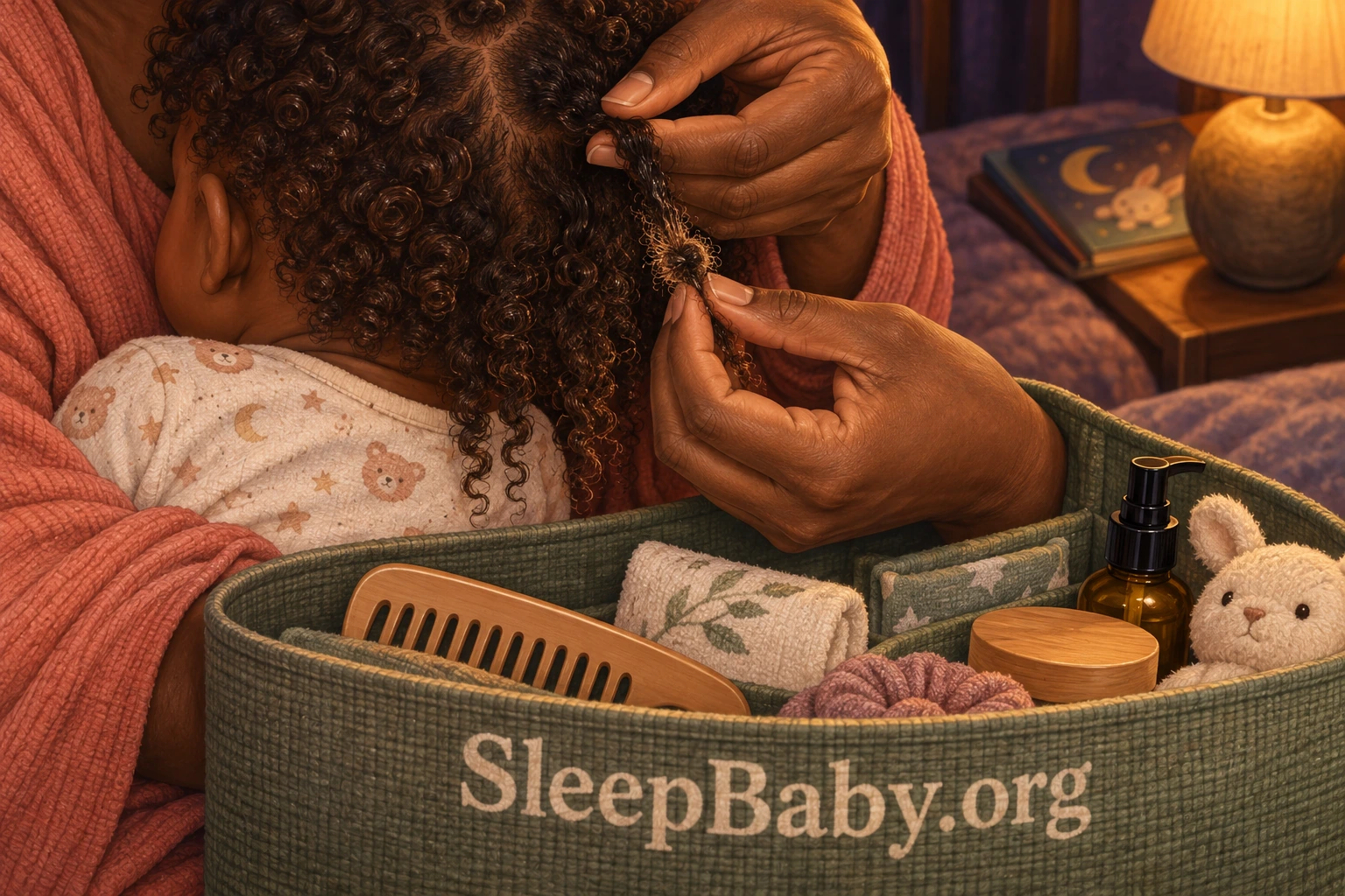 Two caregiver hands support a small section of curls above a tangle and gently separate the ends, with a comb resting in a grooming organizer.