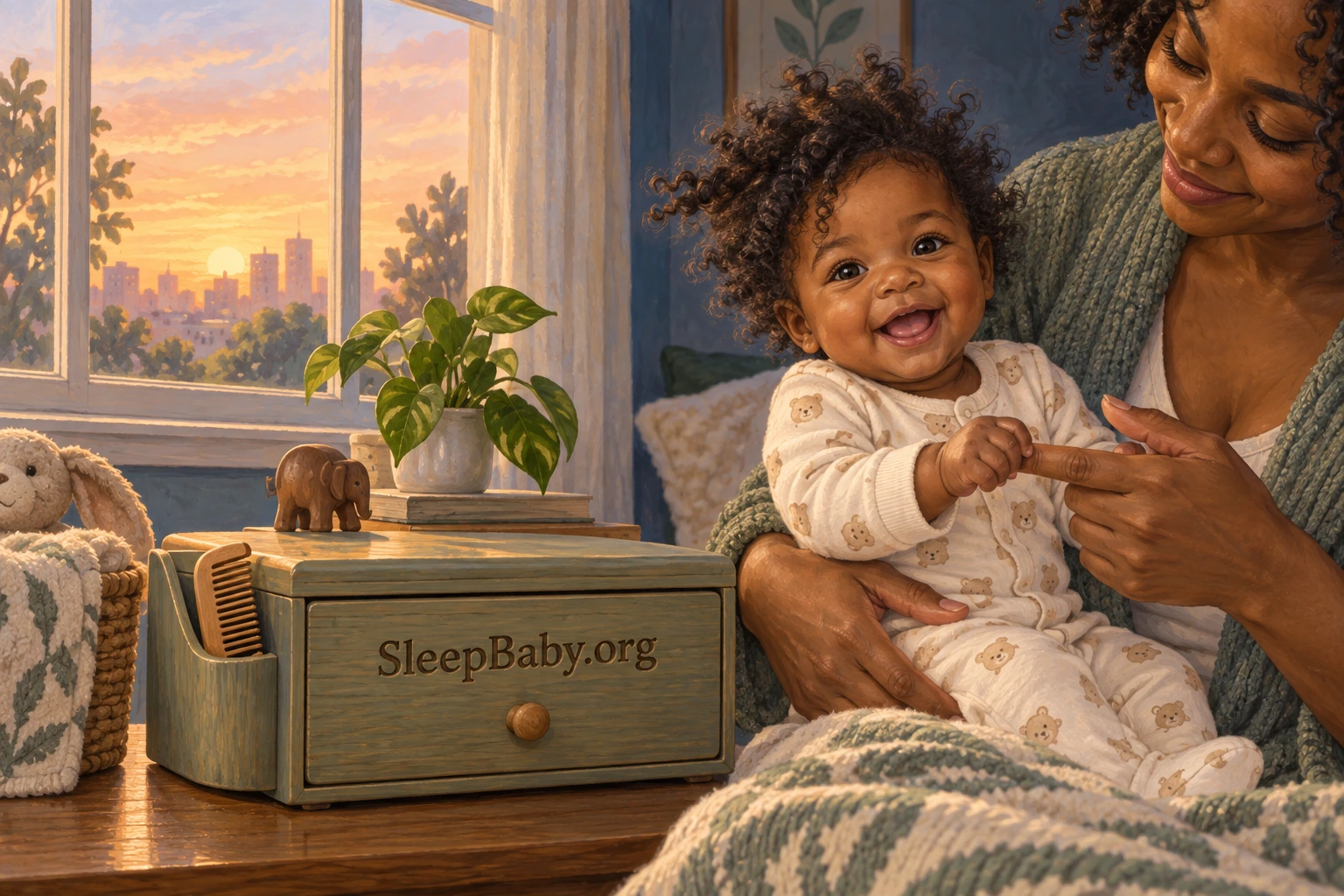 An awake baby with fluffy curls sits securely on a caregiver’s lap beside a closed grooming drawer in morning light.