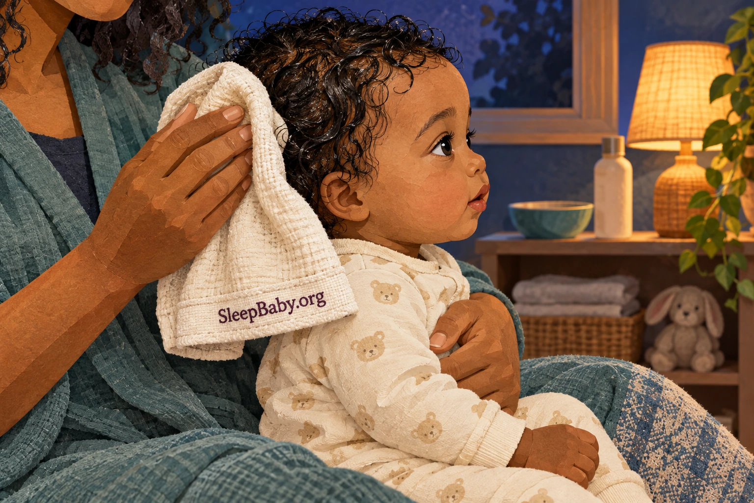 A caregiver supports an awake baby and presses a soft cotton cloth against the back of the baby’s damp curls.