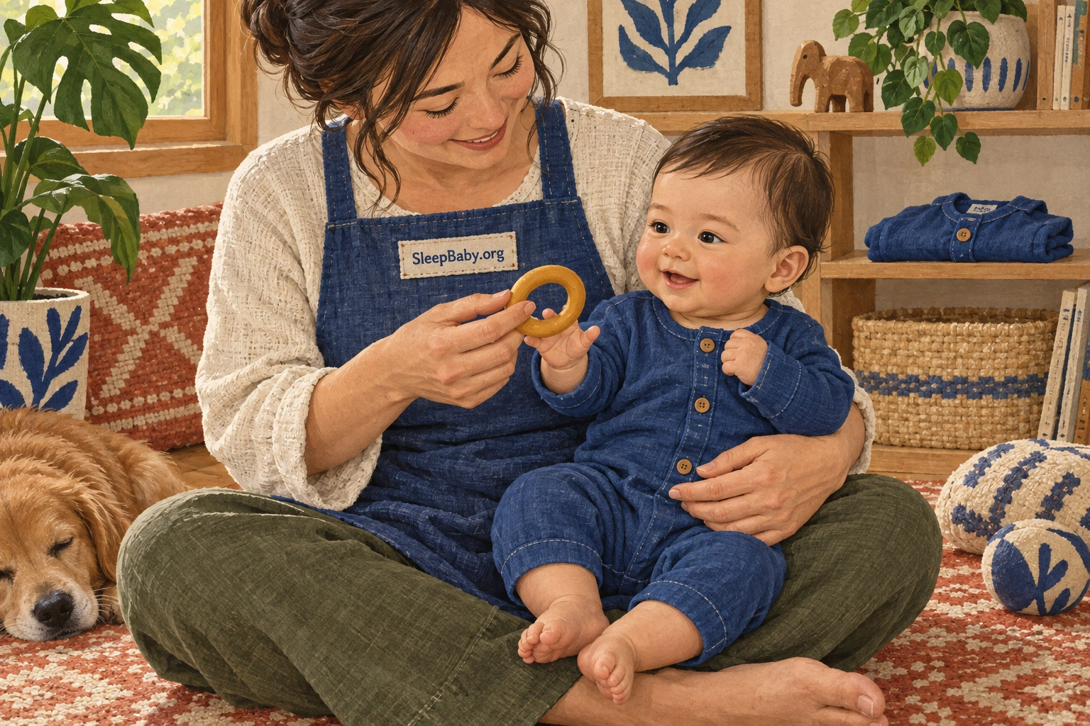 Parent holding an awake baby and offering a solid teething ring