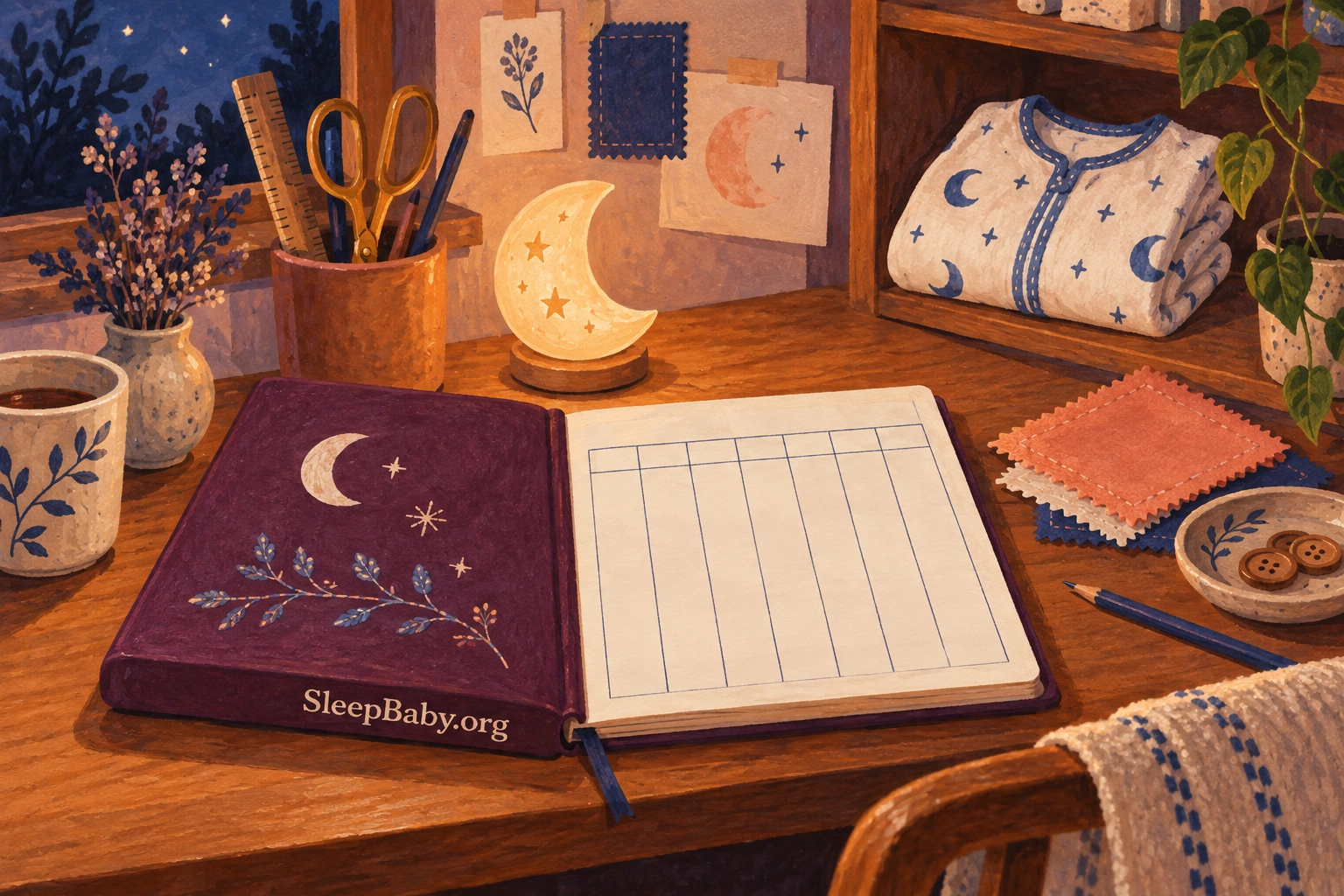 An illustrated evening notebook beside folded baby sleepwear and a moon lamp