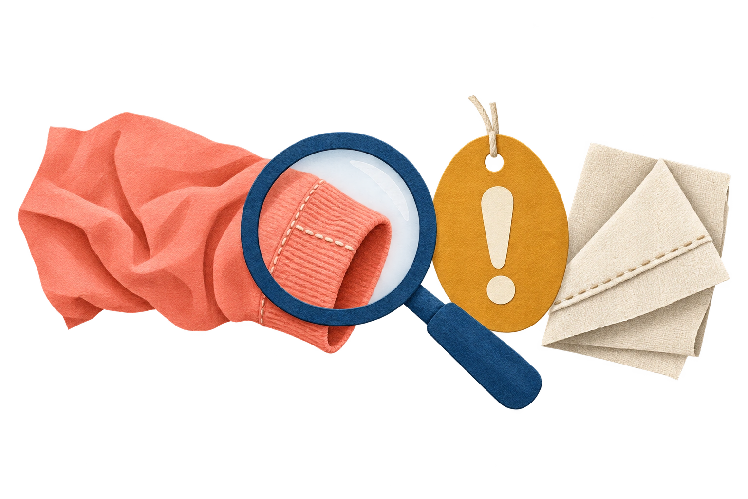 Cut-paper cuff, magnifier, caution tag, and folded seam