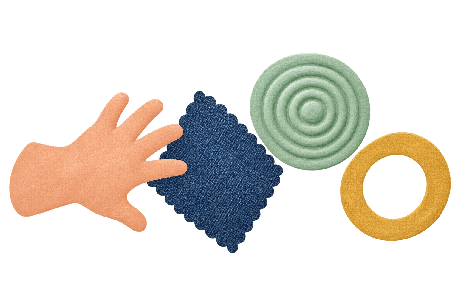 Cut-paper hand, fabric texture, sensory ripple, and ring