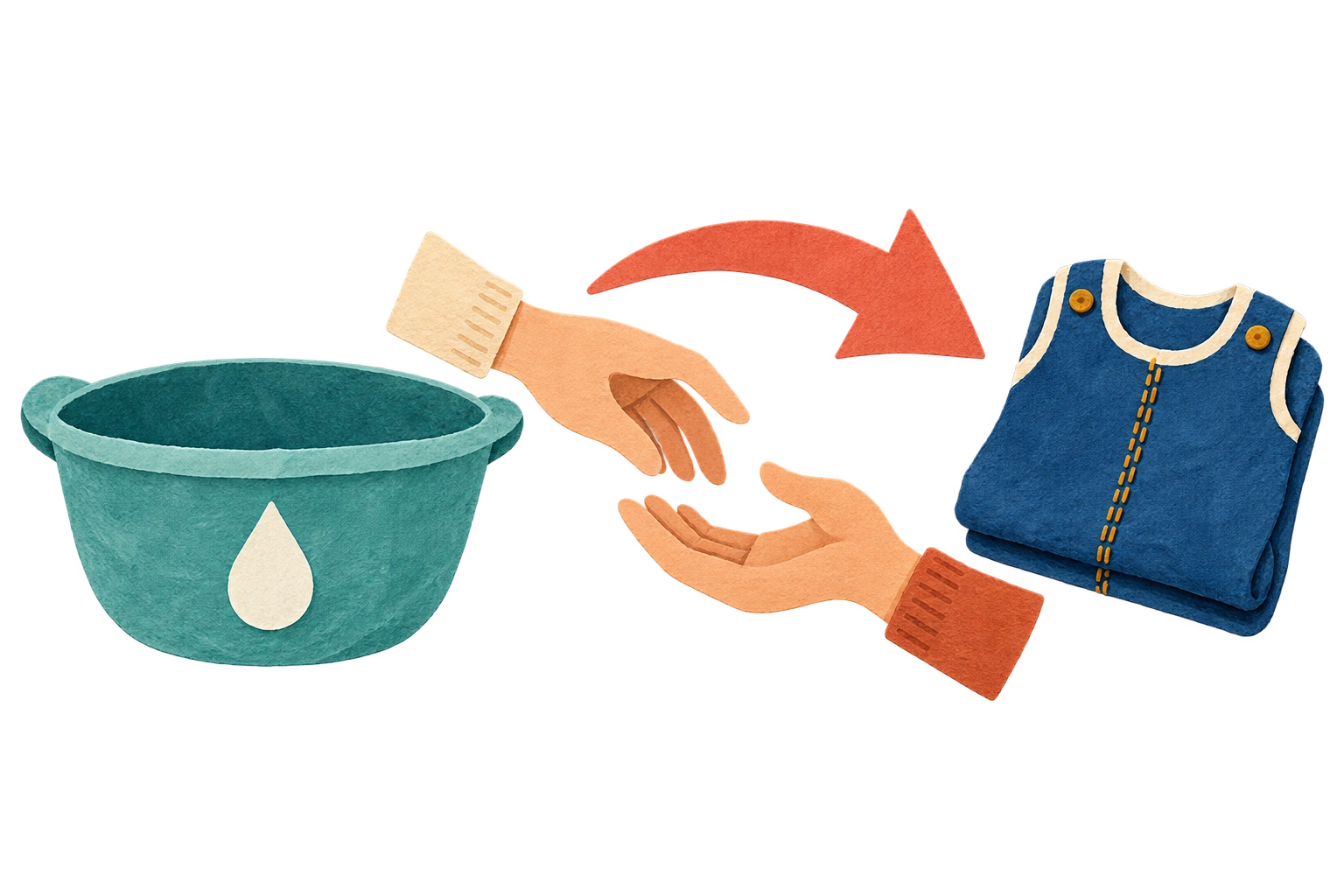 Cut-paper laundry bowl, exchanging hands, arrow, and folded outfit