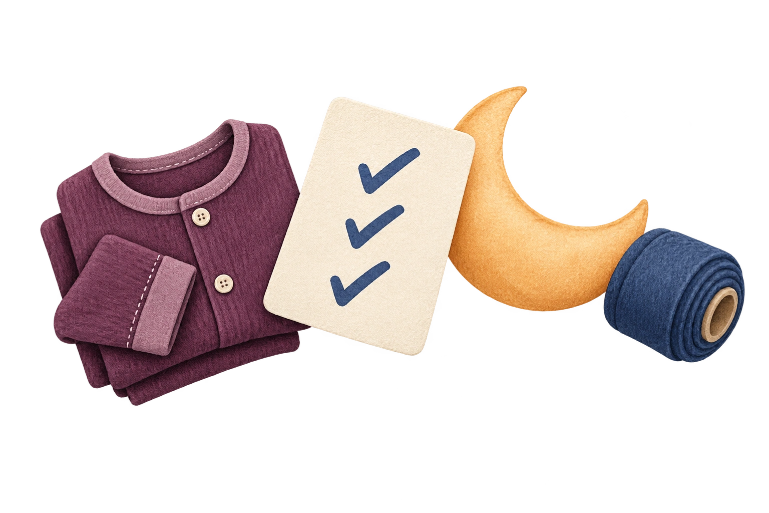 Cut-paper pajamas, three-check note, moon, and textile roll