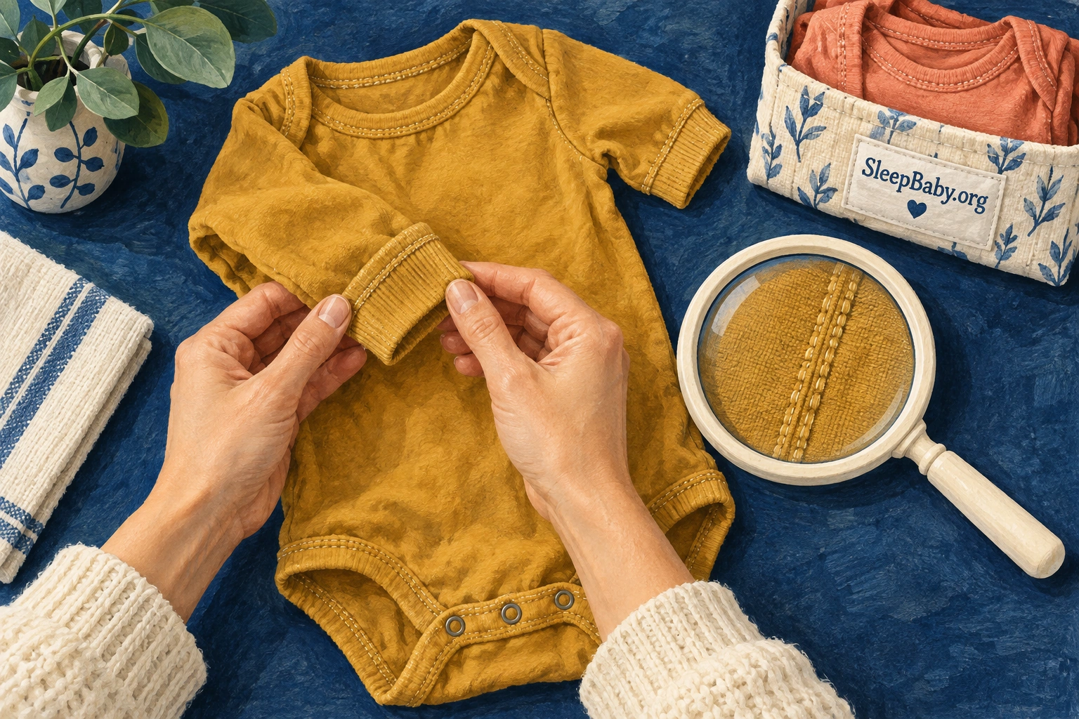 Hands examining an intact baby sleeve beside a magnifying glass