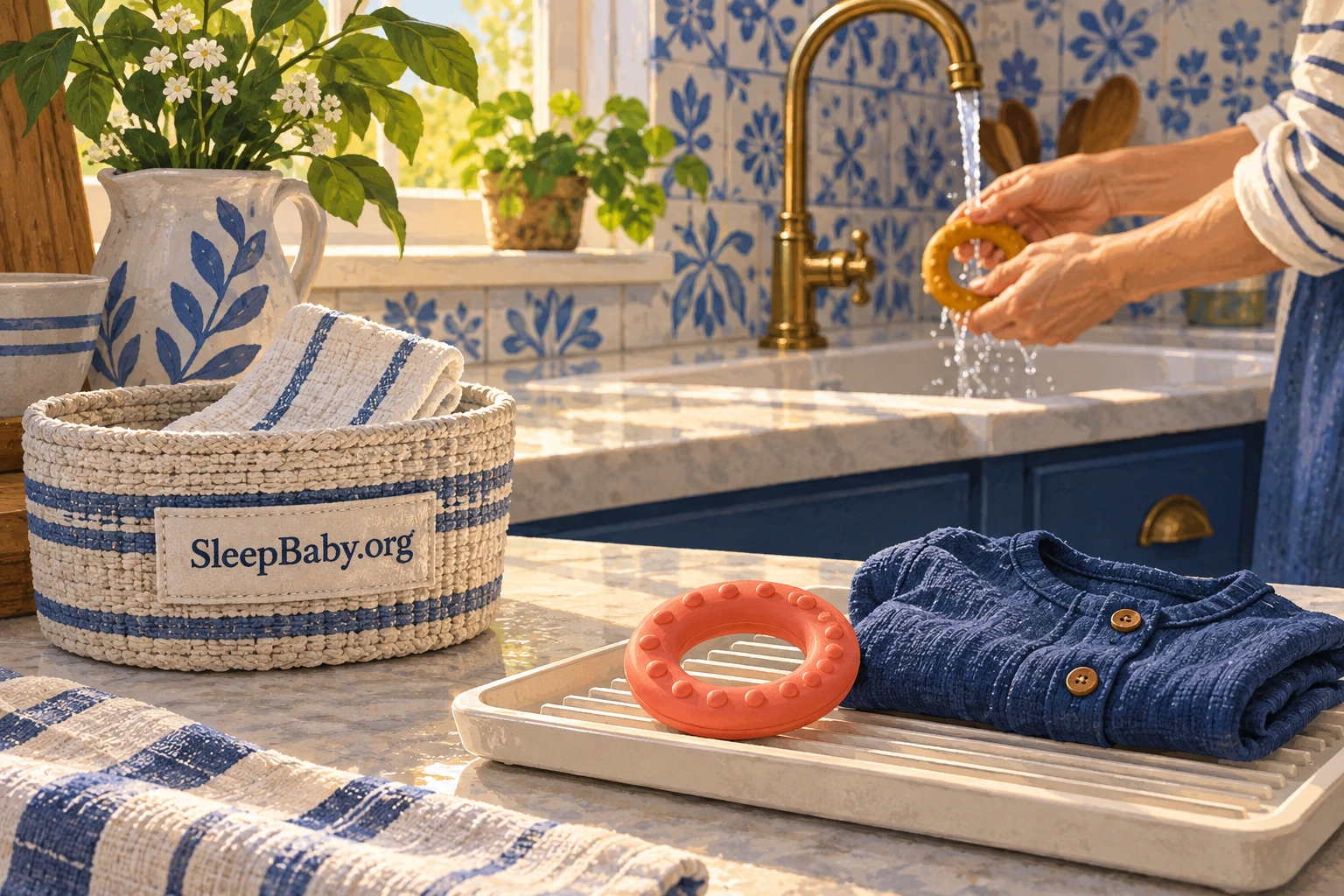 A clean solid teething ring and spare baby outfit beside a kitchen sink