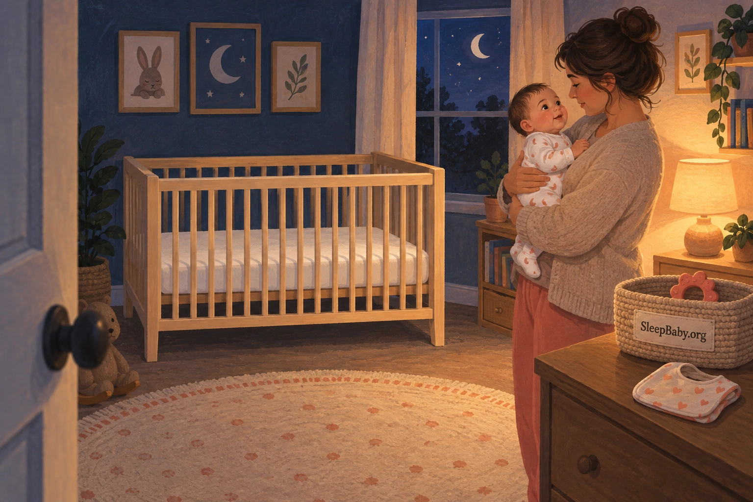 Parent holding an awake baby beside an empty crib with a fitted sheet