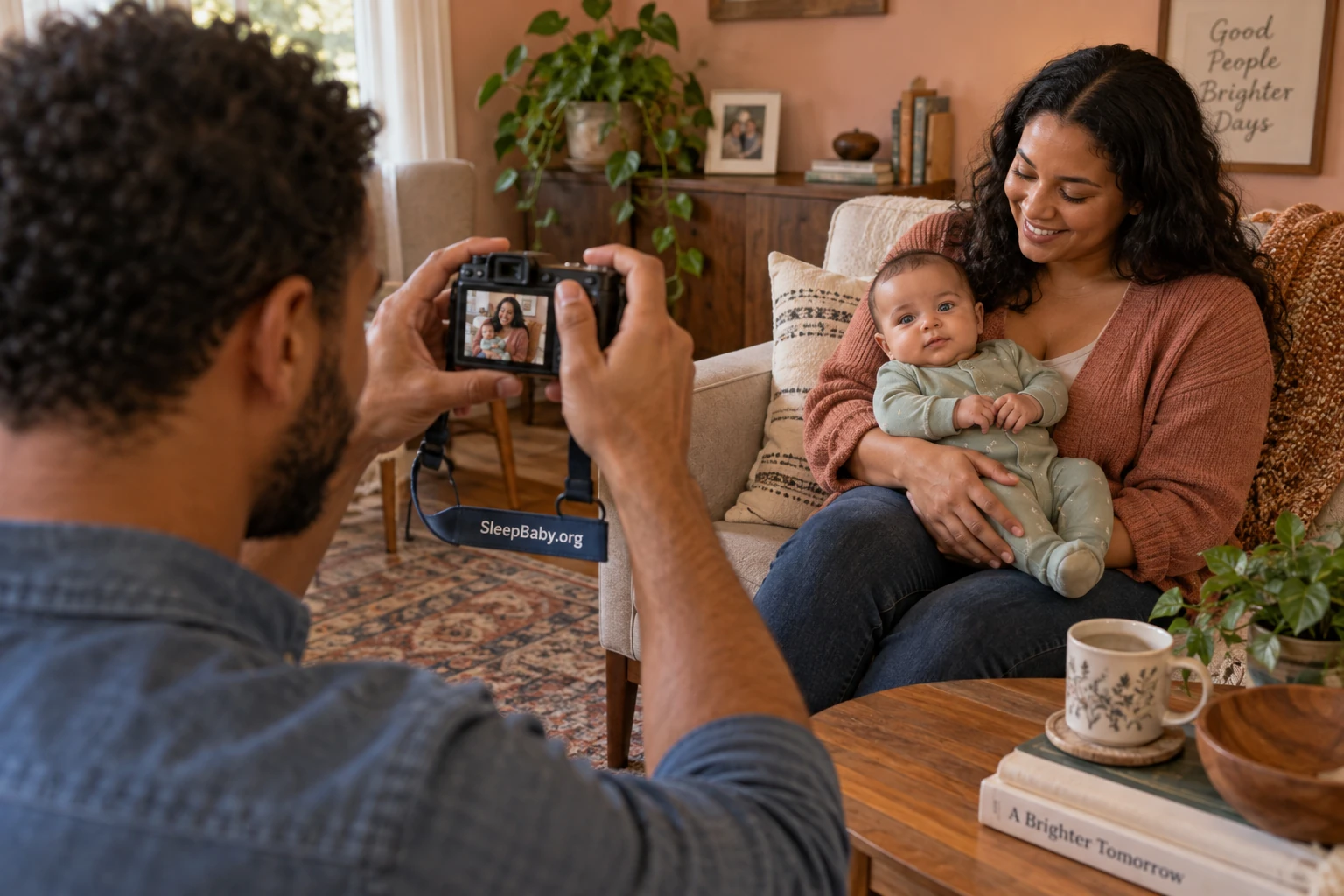 Parent photographs an awake baby held securely in another parent's lap, using ordinary window light and a SleepBaby.org camera strap.