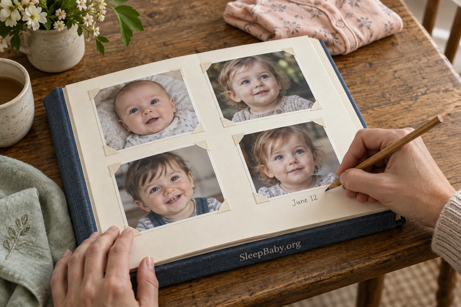 Adult adds a date to a cloth photo album with four baby and toddler portraits and SleepBaby.org printed on its spine.