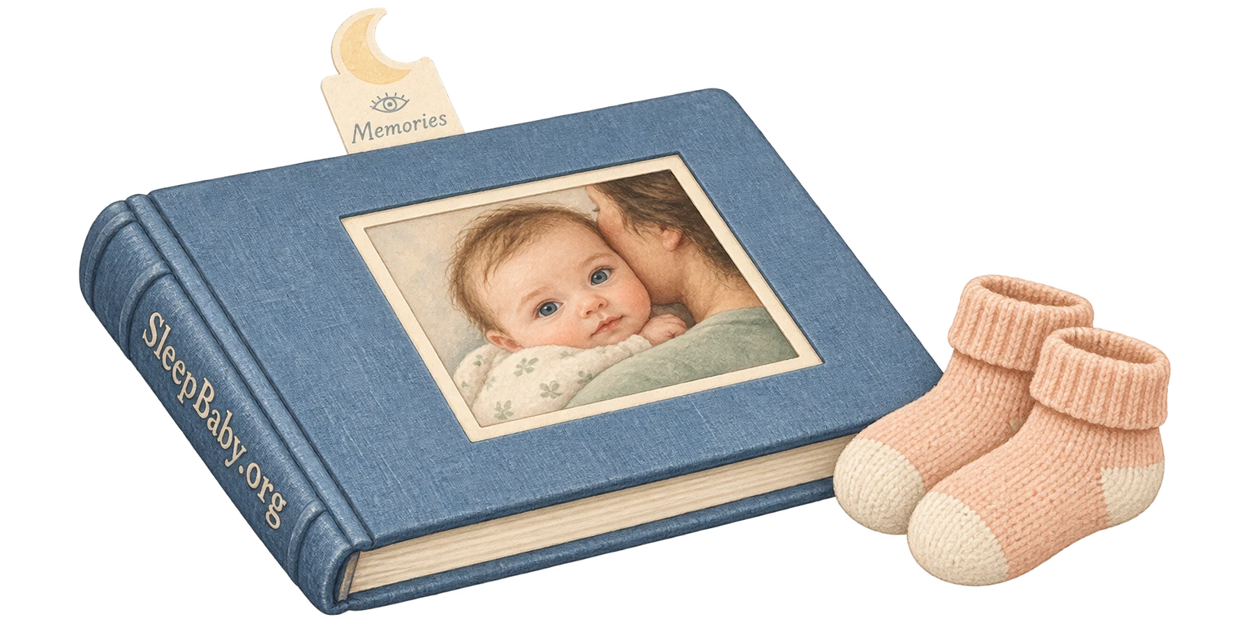 Transparent painted baby-photo album with SleepBaby.org on the spine, a crescent memory bookmark and tiny peach socks.