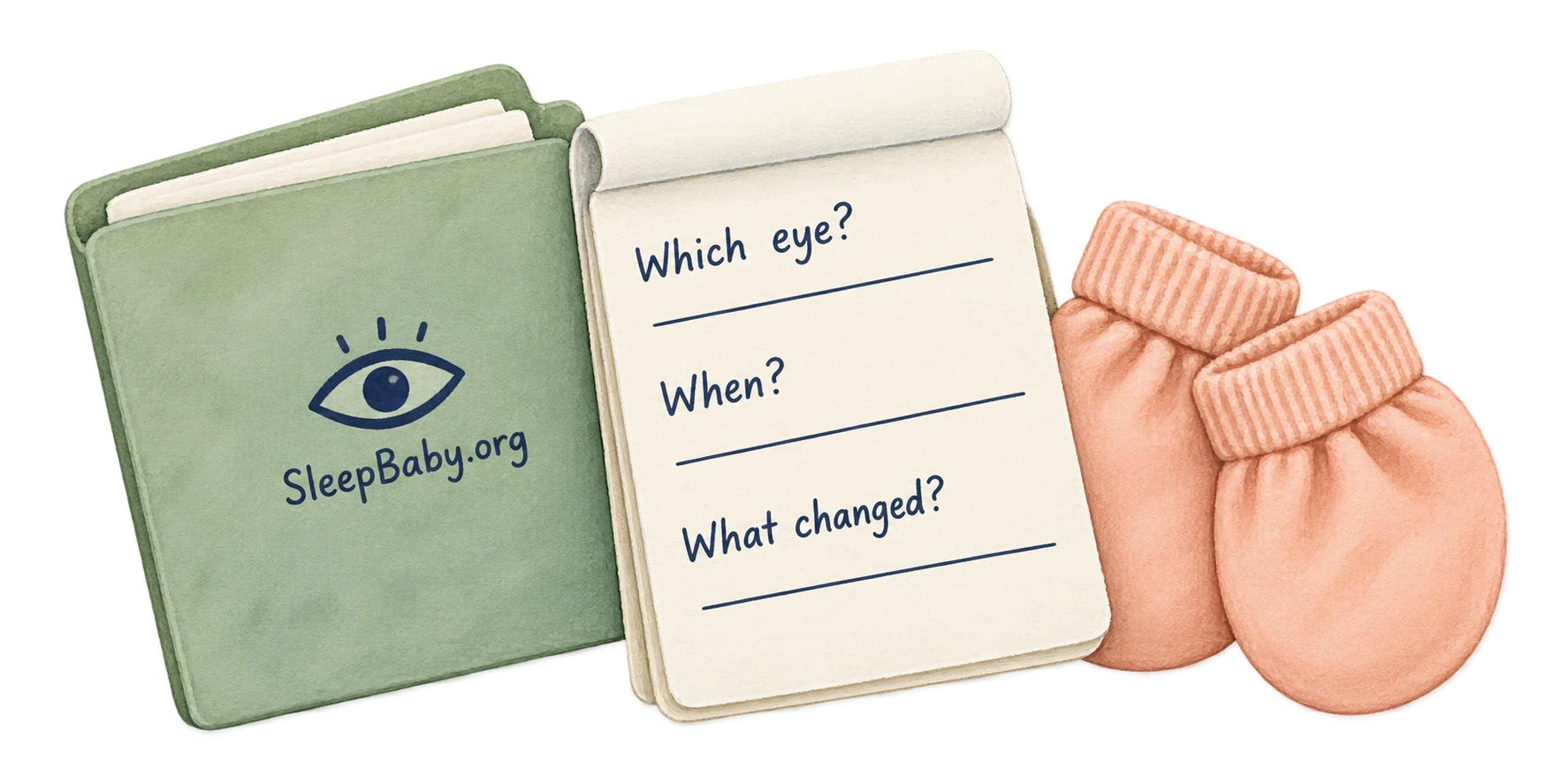 Transparent painted eye-appointment folder marked SleepBaby.org, a note asking which eye, when and what changed, and peach infant mittens.