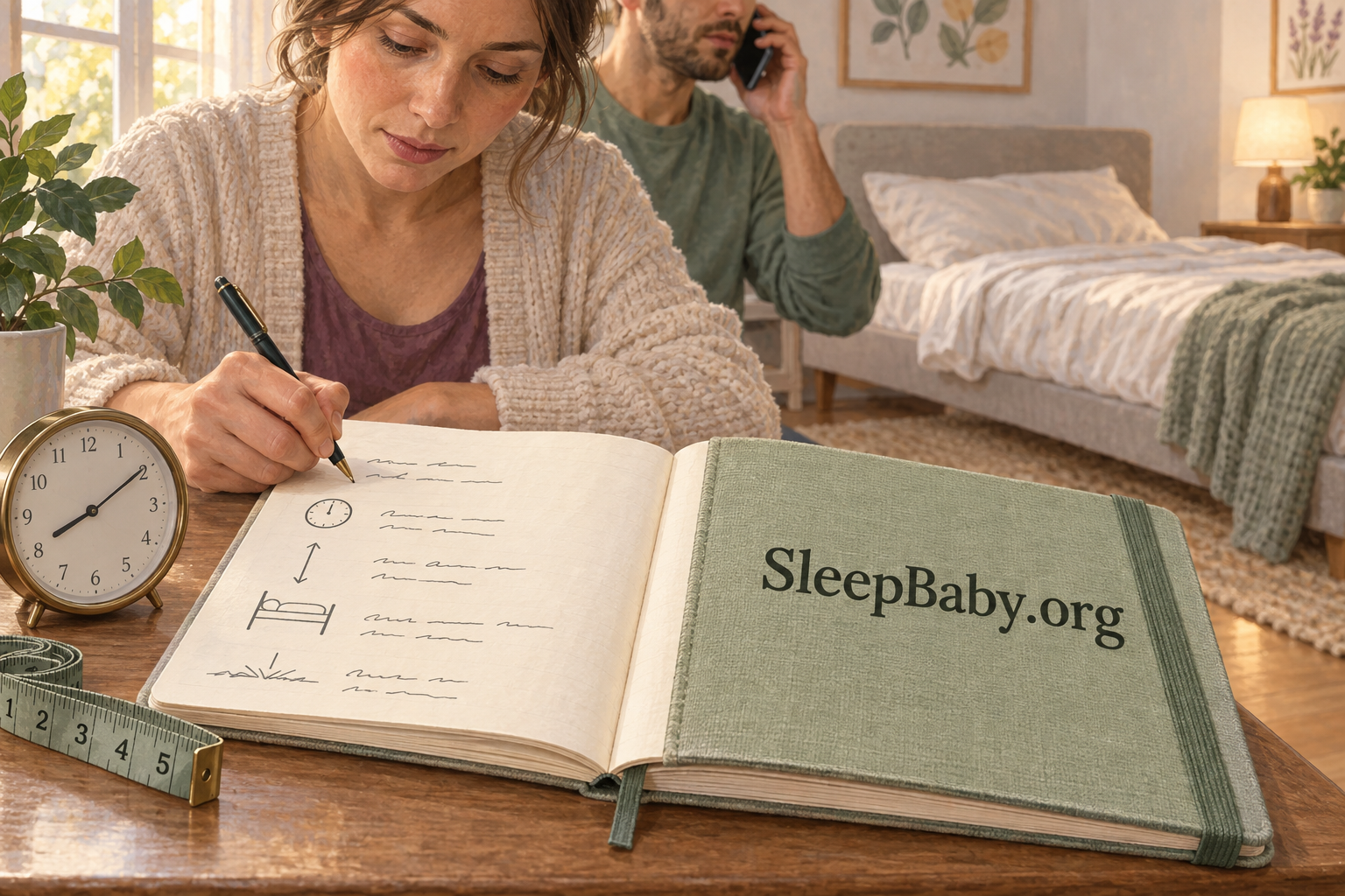 A caregiver records the time and details of a fall beside the bed while another adult makes the medical call.