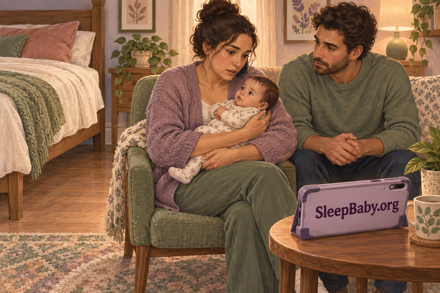 An attentive parent holds an awake baby while two adults make a medical call beside an empty adult bed.