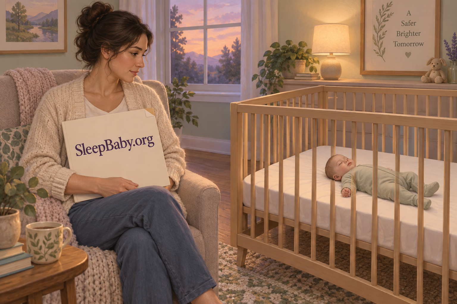 An awake parent sits beside a bare crib while a baby rests on their back; written care instructions remain outside the crib.