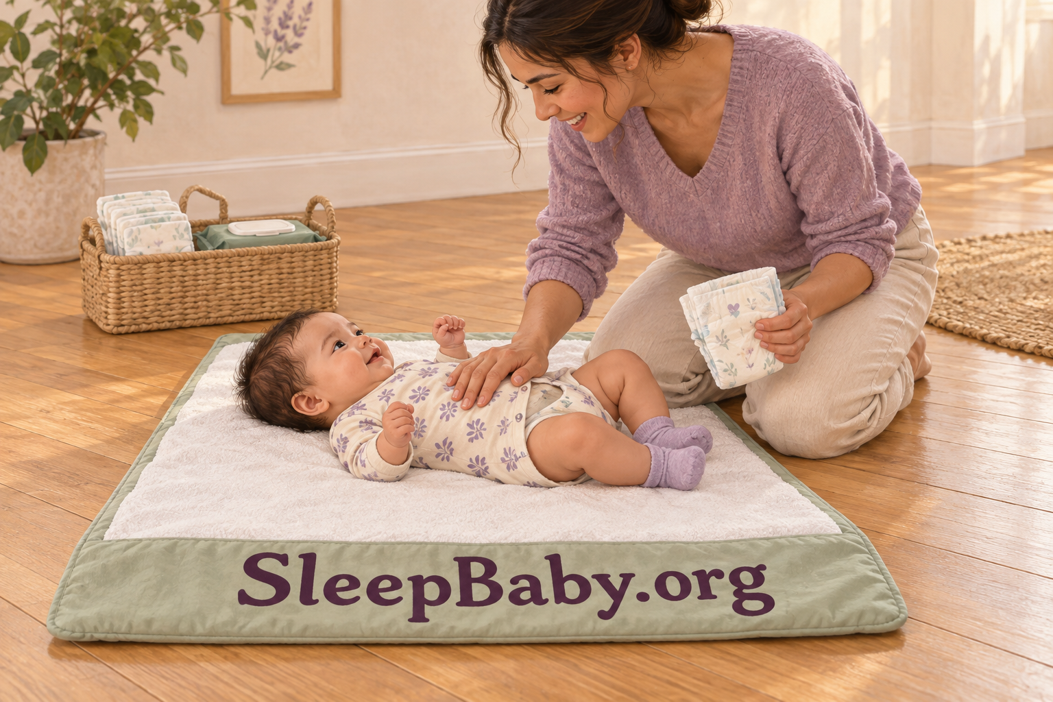 A caregiver changes an awake baby on a floor-level pad, with diaper supplies nearby and small containers out of the baby’s reach.