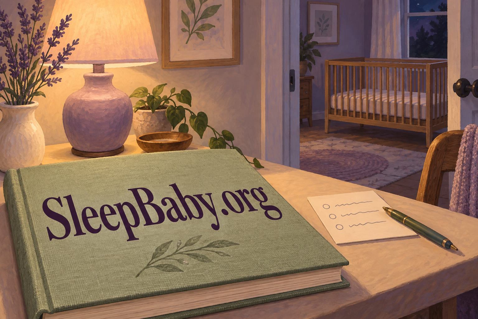 An illustrated bedside planning station with a SleepBaby.org guide, a quiet lamp and a view of a separate empty crib.