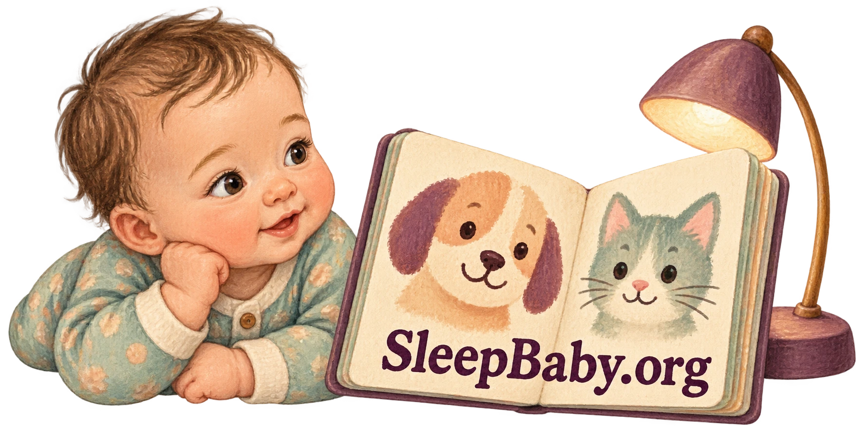 An illustrated awake baby looks aside beside an open animal-face book and a reading lamp.