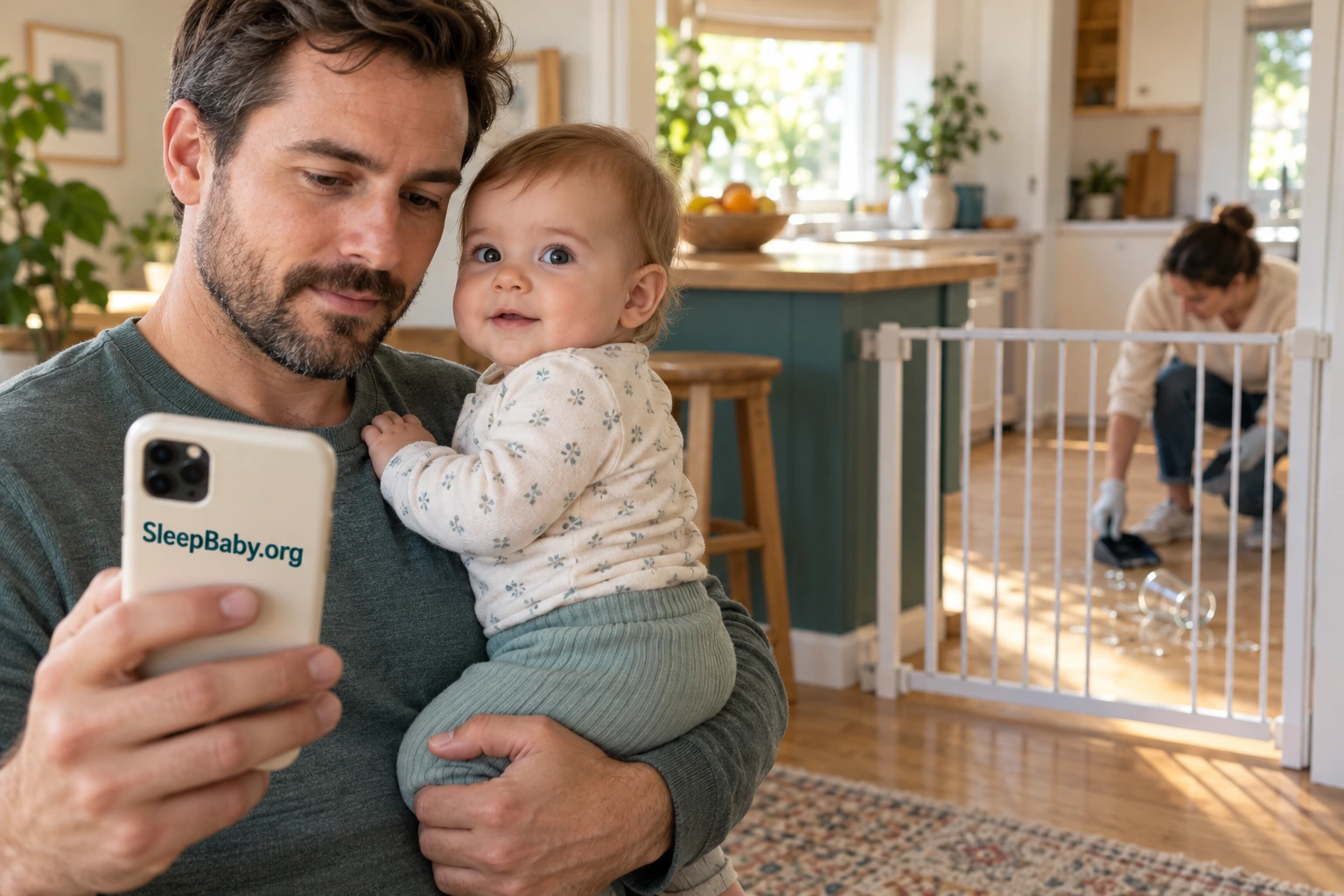 A father holds his awake baby while using a phone, separated by a closed gate from another adult cleaning a broken glass.