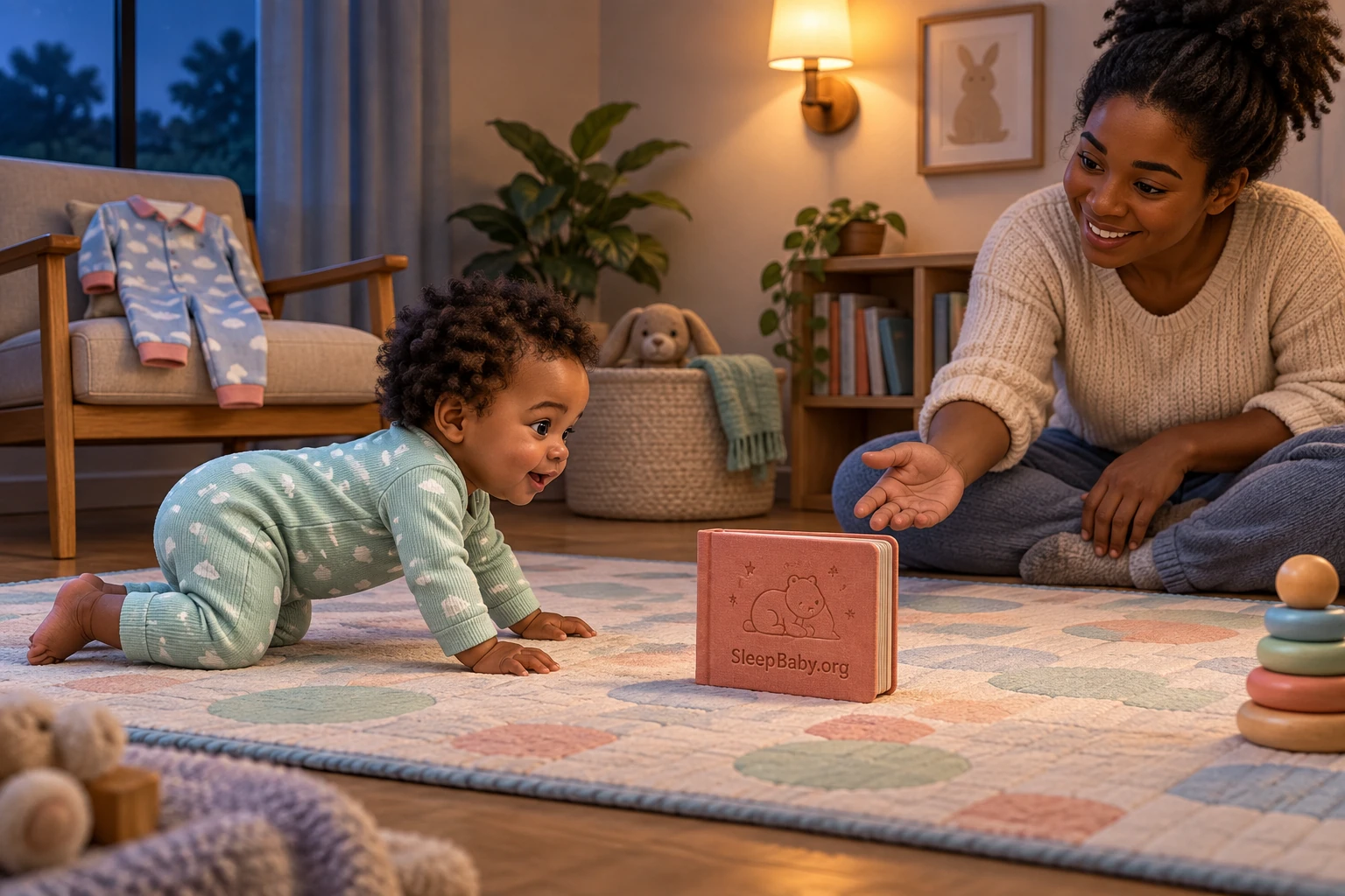 A caregiver watches an awake baby crawl on hands and knees toward a cloth SleepBaby.org book on a flat play mat.
