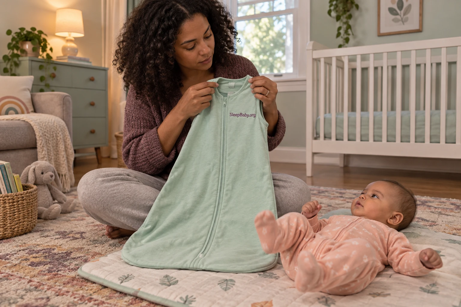 Parent examines an empty mint sleep sack beside an awake baby in peach pajamas.