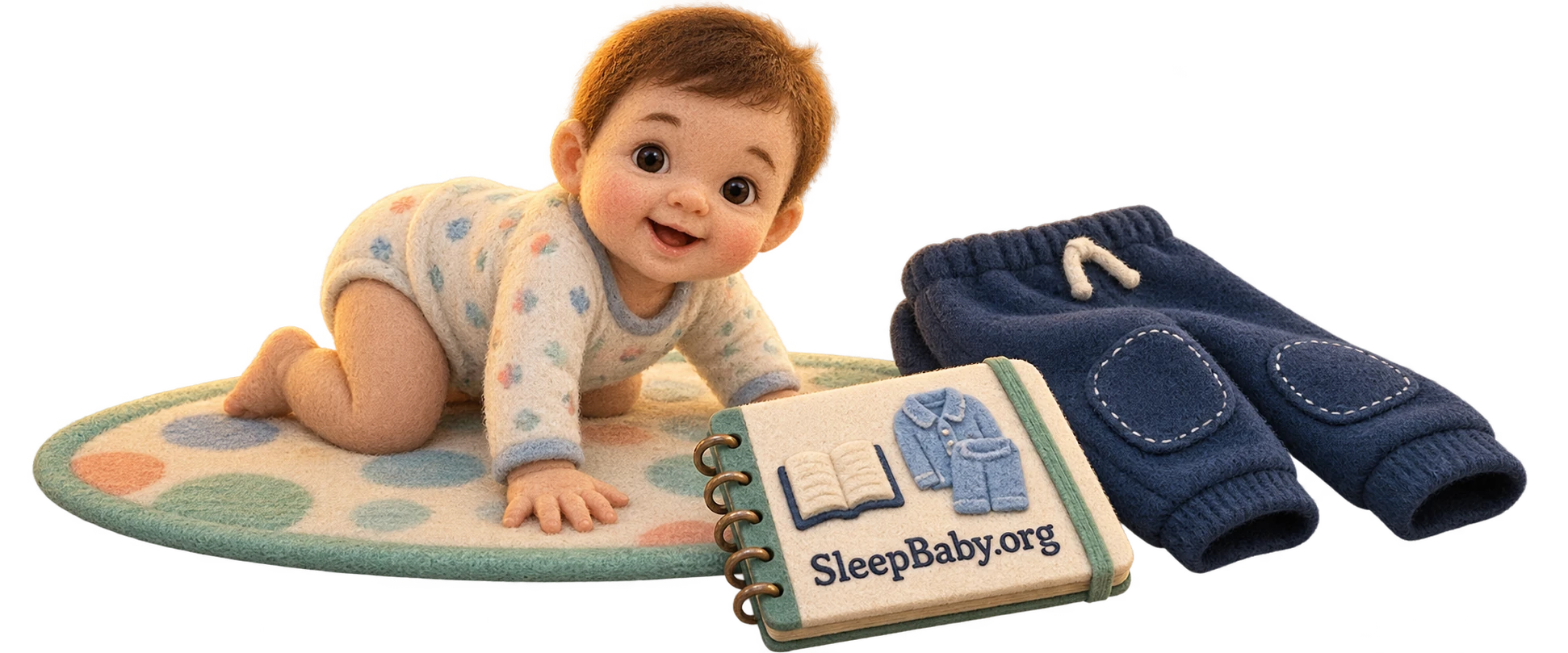 Transparent felt-style crawling baby on a mat beside trousers with knee seams and a SleepBaby.org routine notebook.