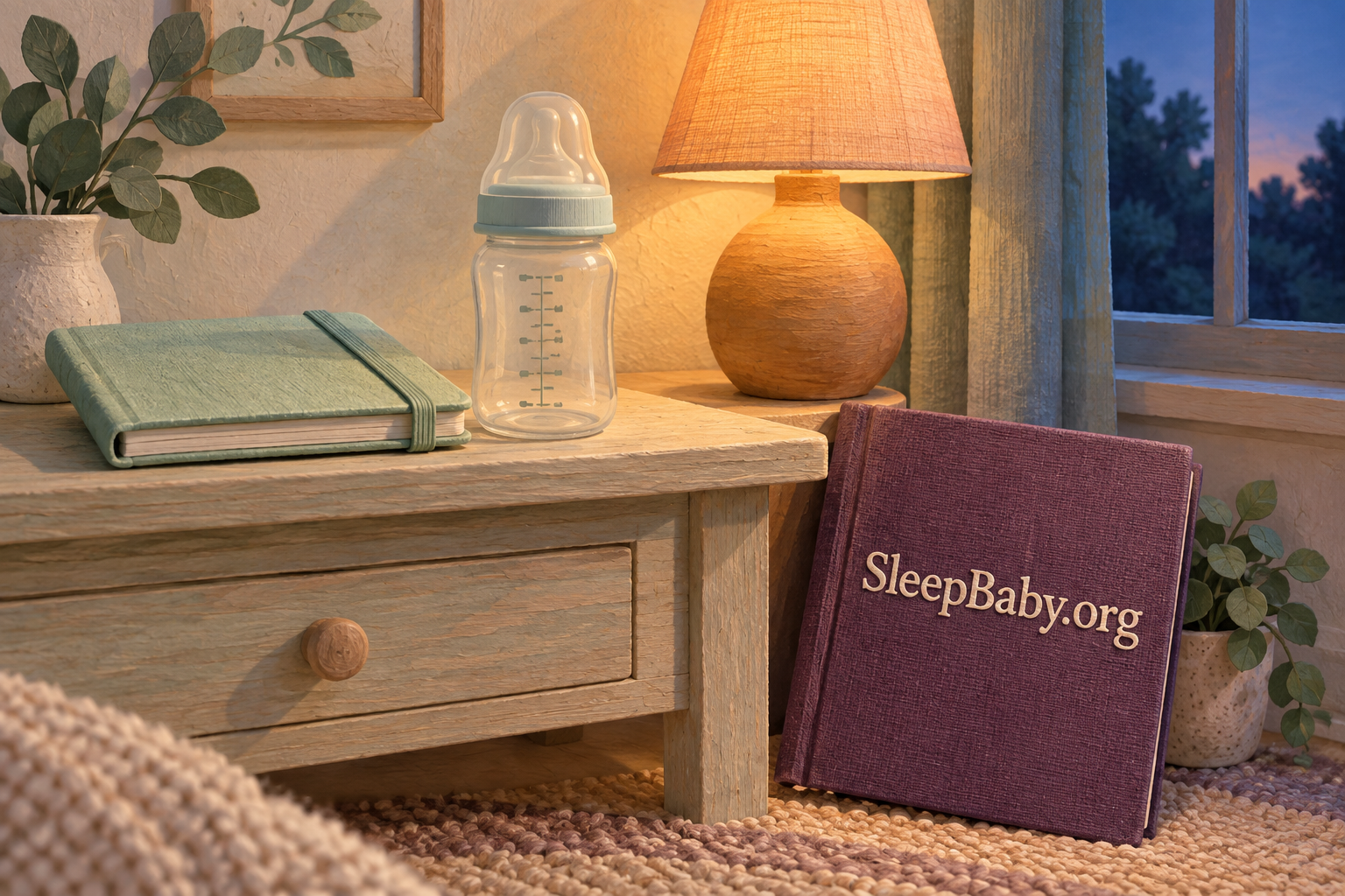 Illustration of a clean empty bottle and feeding notebook beside a warm lamp and a plum bedtime book.