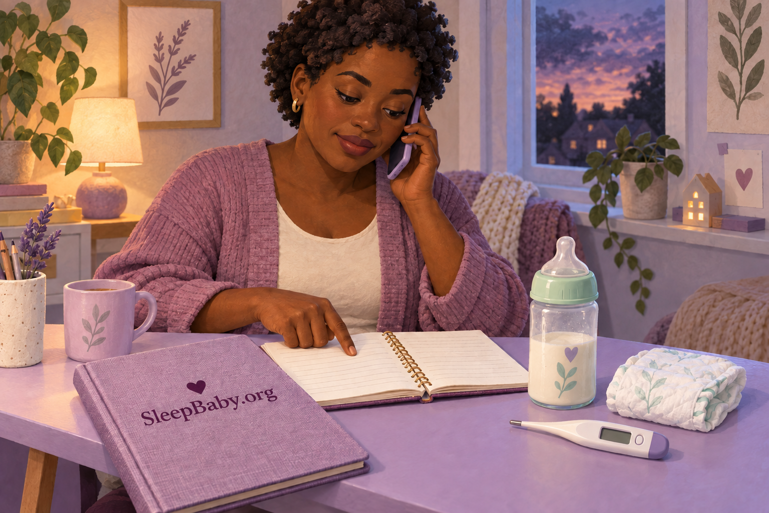 Illustration of a mother on the phone consulting a notebook beside a bottle, diaper and thermometer.