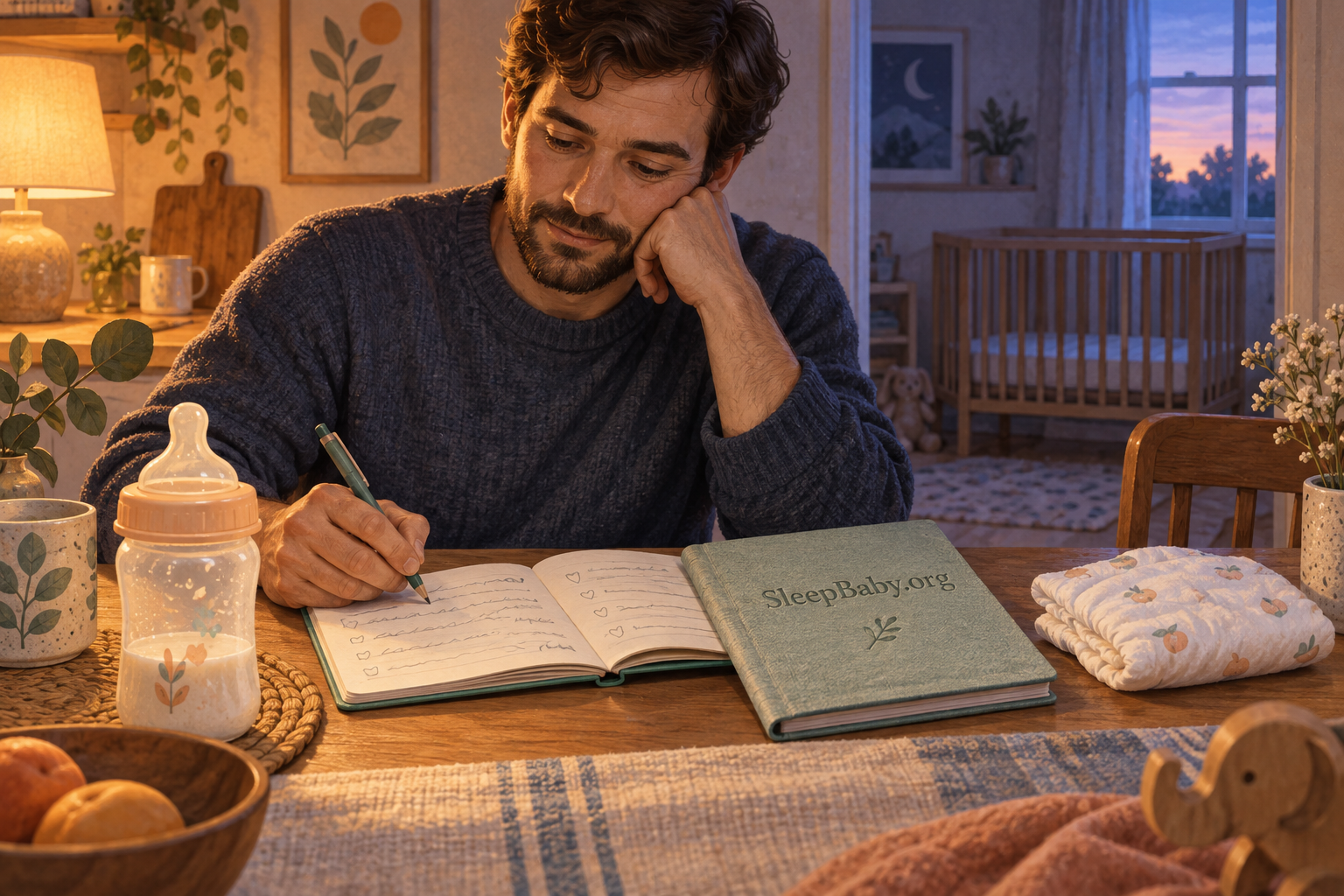 Illustration of a father writing in a feeding notebook beside a partly finished bottle and folded diaper.