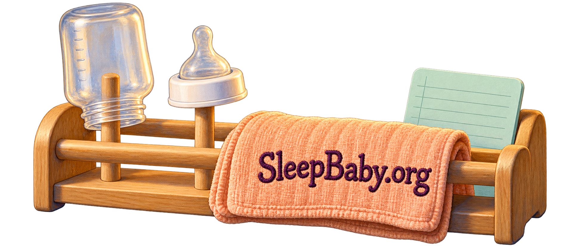 Clean bottle and nipple on a wooden drying stand with an apricot burp cloth and small record card.