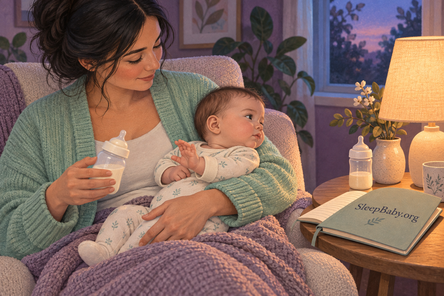 Illustration of a mother holding an awake baby who turns away while she lowers a milk bottle.