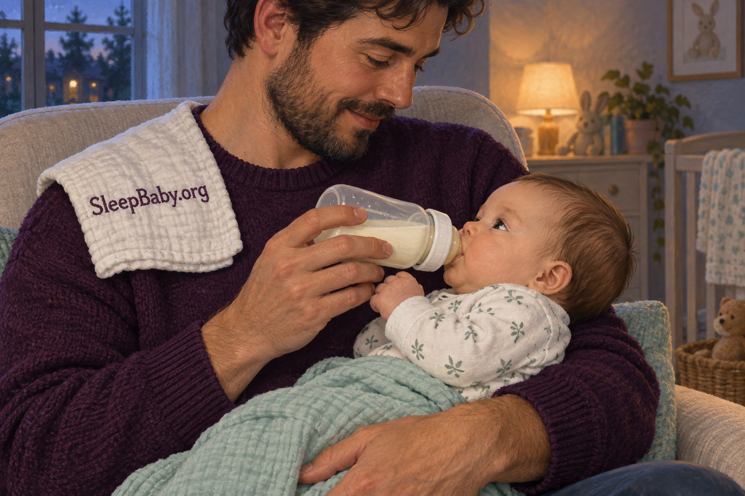 Illustration of a father supporting an awake baby while holding the bottle nearly horizontal during a feed.
