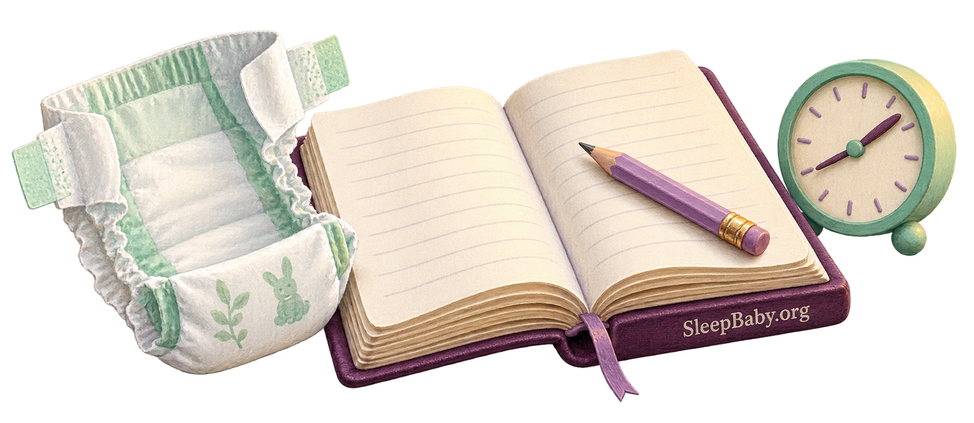 Open feeding notebook with a pencil, clean diaper and small clock.