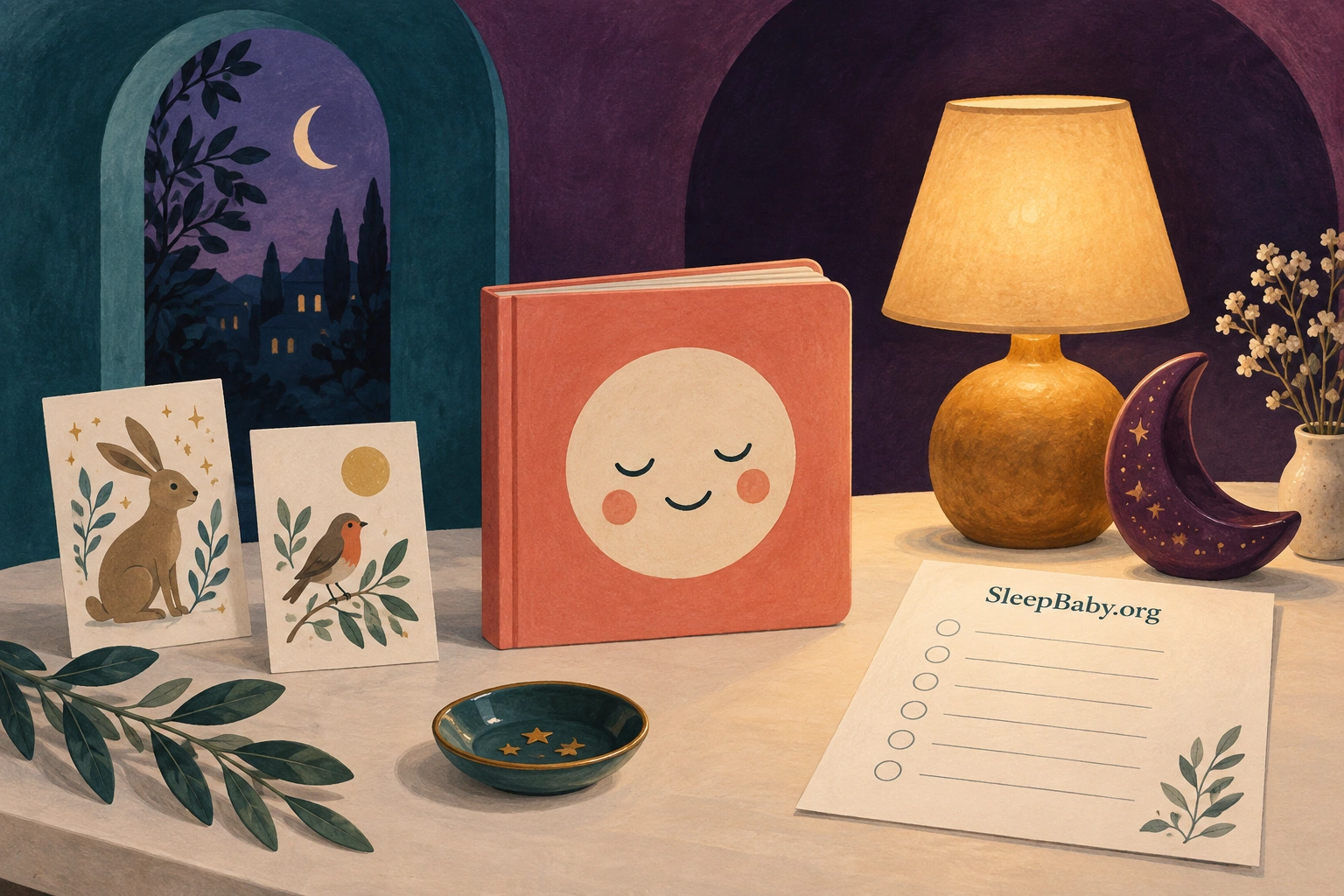 Illustrated book, lamp and paper planner arranged for a quiet evening.
