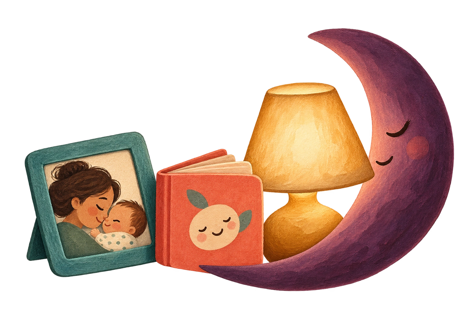 A family portrait, closed book, warm lamp and curved moon.