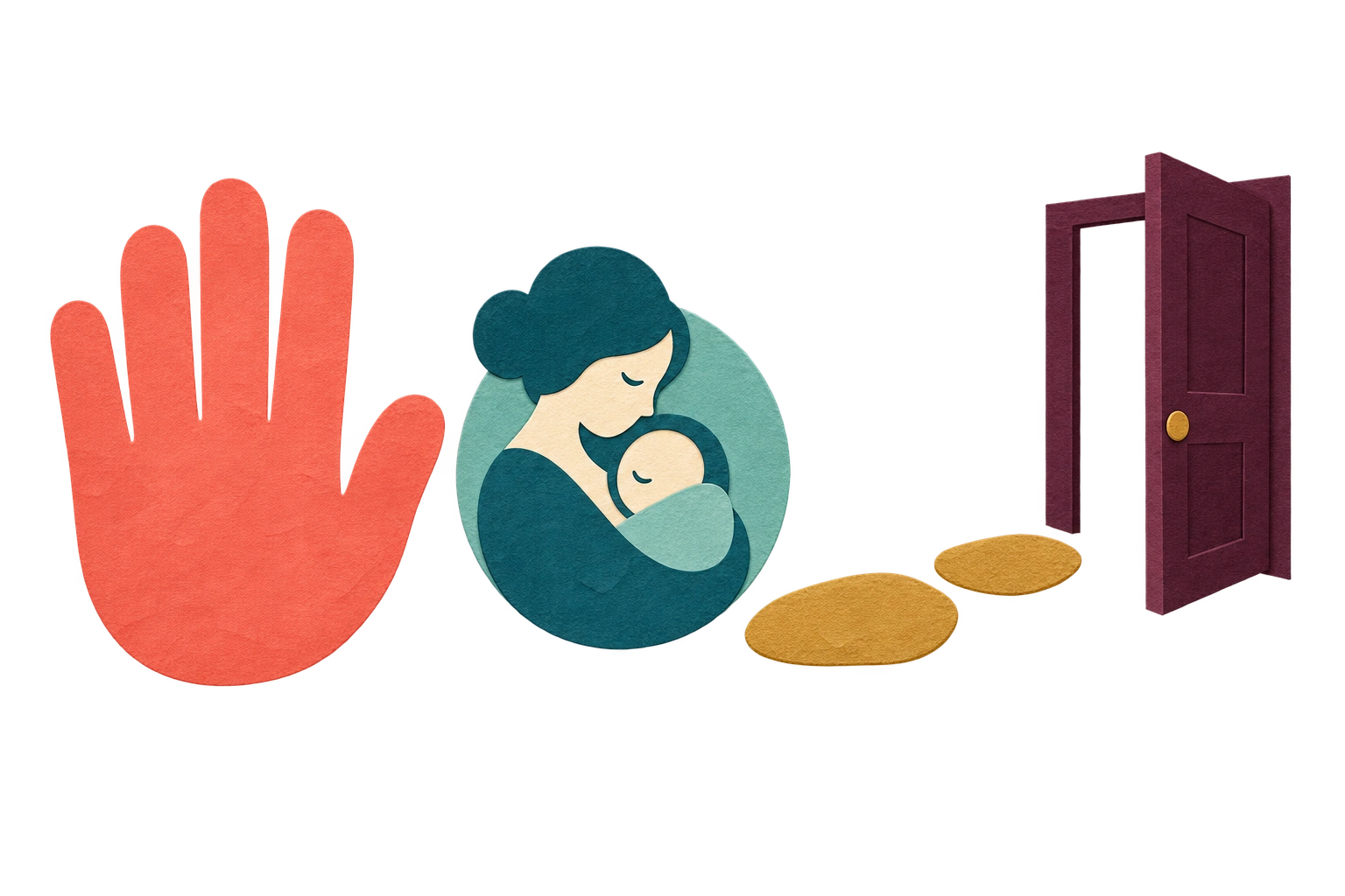 A pause hand, parent-and-baby cameo and stepping stones toward a door.