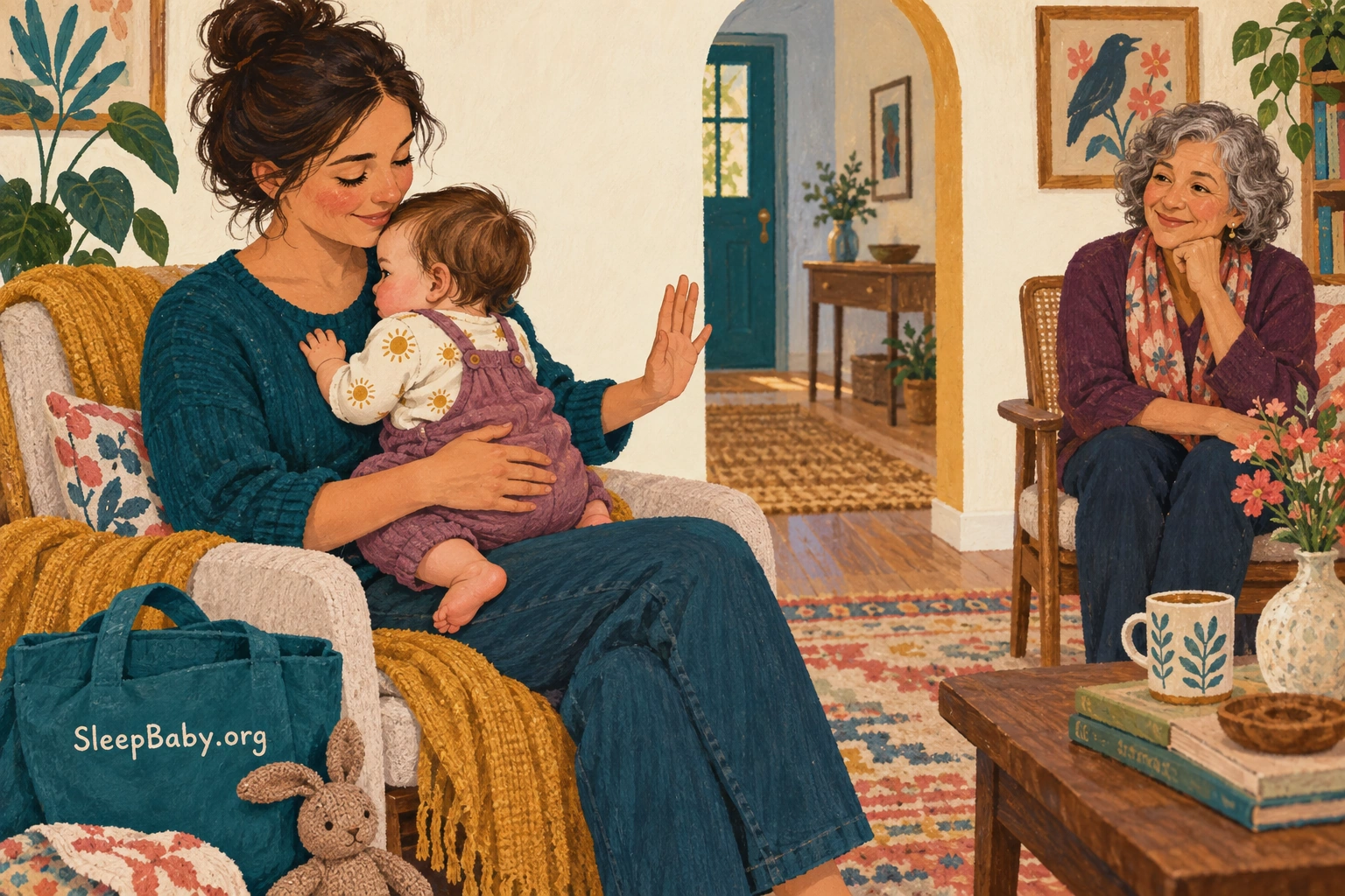A parent holds a baby who turns inward while a visitor waits.